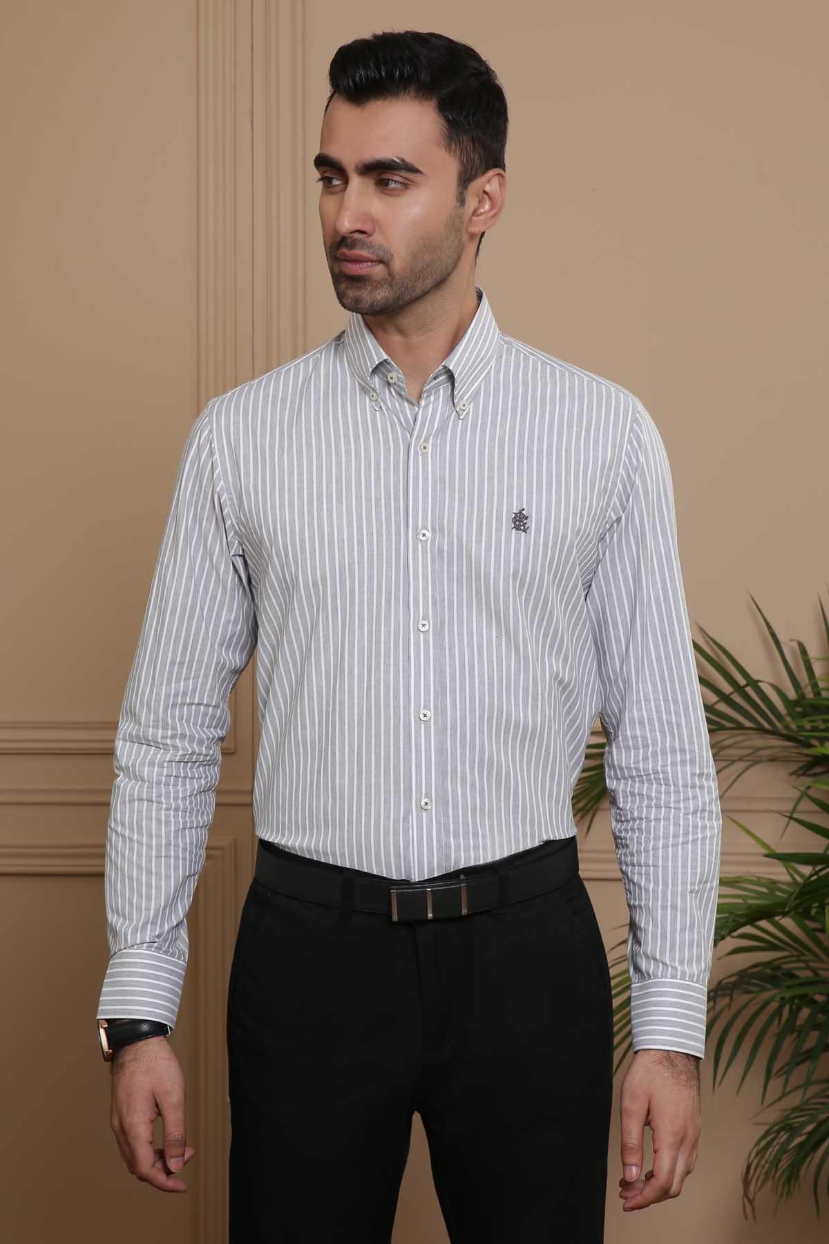 SEMI FORMAL SHIRTS BUTTON DOWN FULL SLEEVE SLIM FIT GREY WHITE LINE at Charcoal Clothing