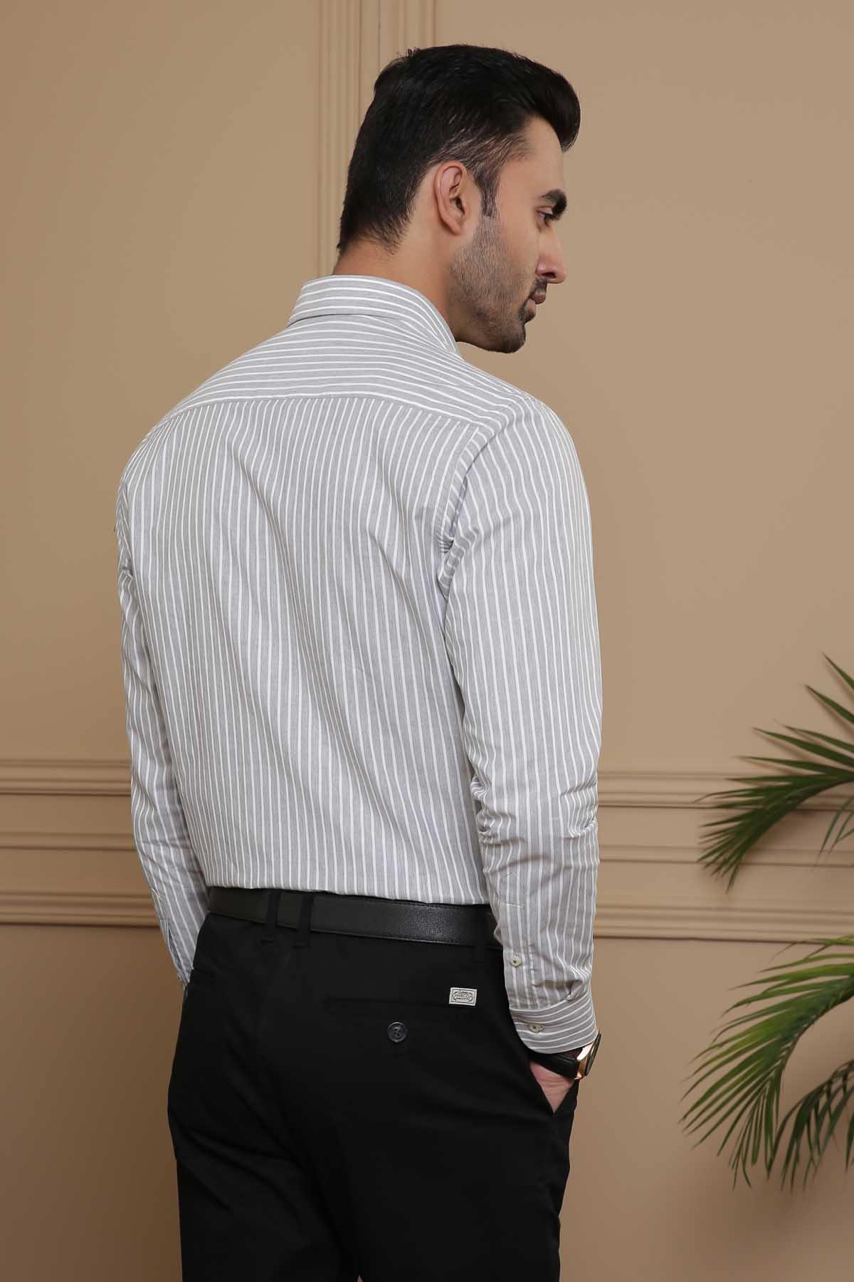 SEMI FORMAL SHIRTS BUTTON DOWN FULL SLEEVE SLIM FIT GREY WHITE LINE at Charcoal Clothing