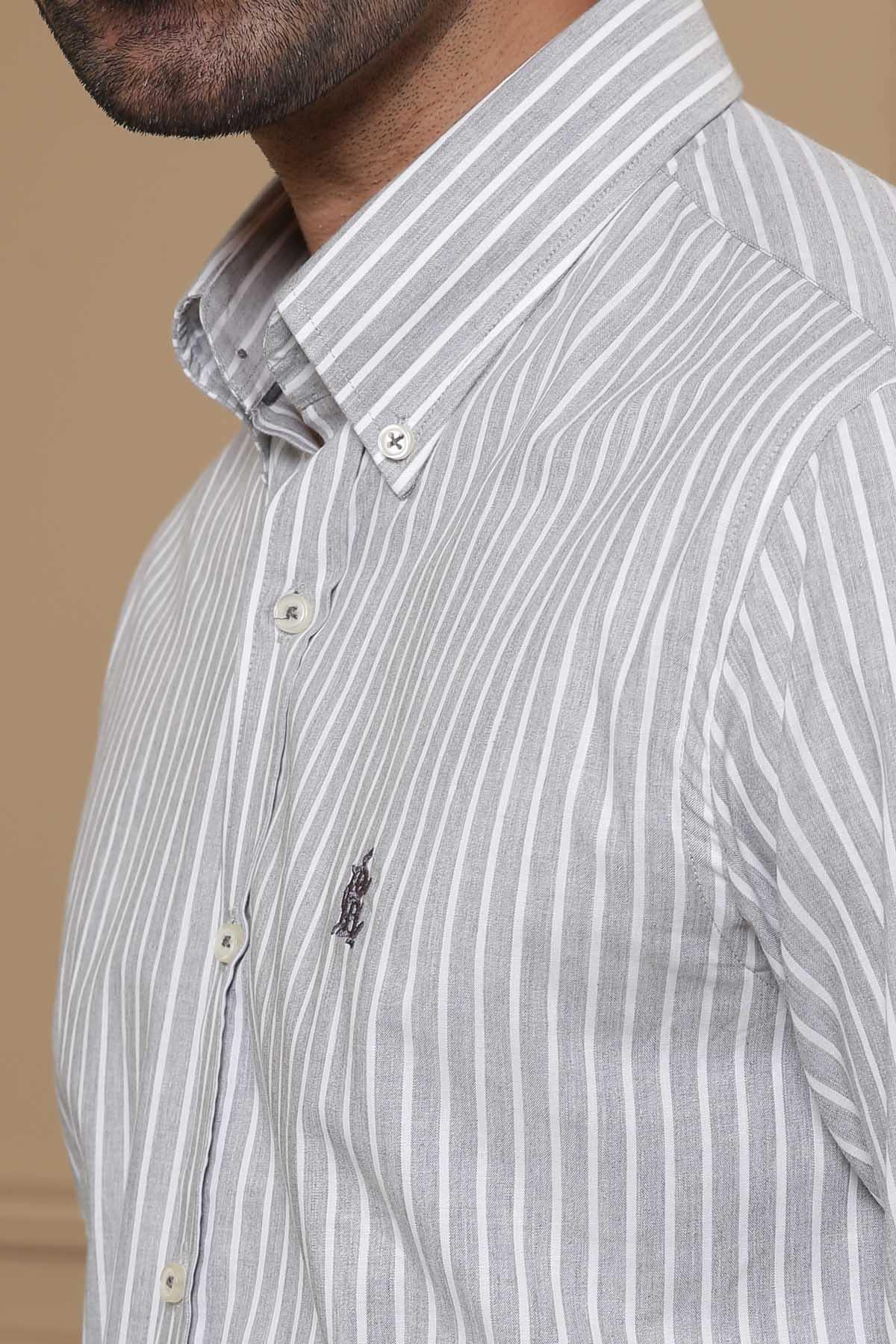 SEMI FORMAL SHIRTS BUTTON DOWN FULL SLEEVE SLIM FIT GREY WHITE LINE at Charcoal Clothing