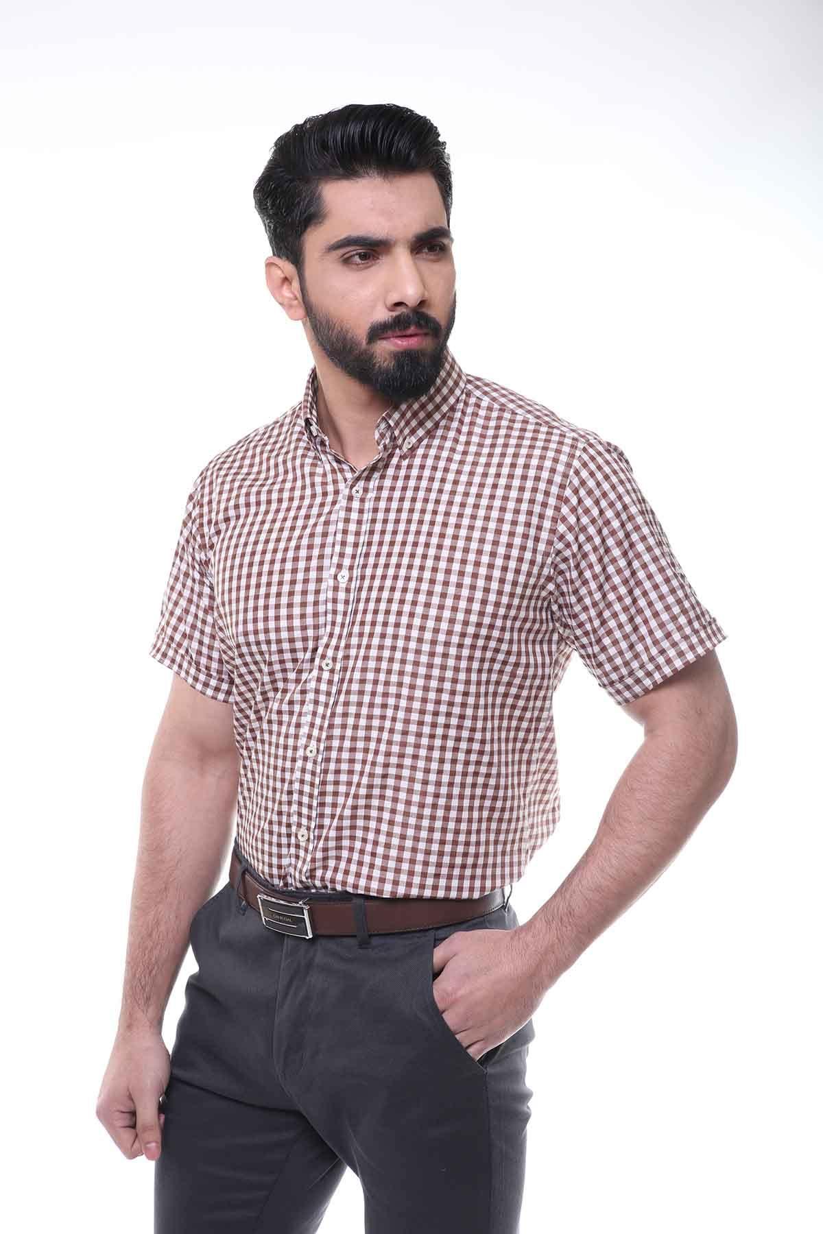 SEMI FORMAL SHIRTS BUTTON DOWN HALF SLEEVE BLUE BROWN CHECK at Charcoal Clothing