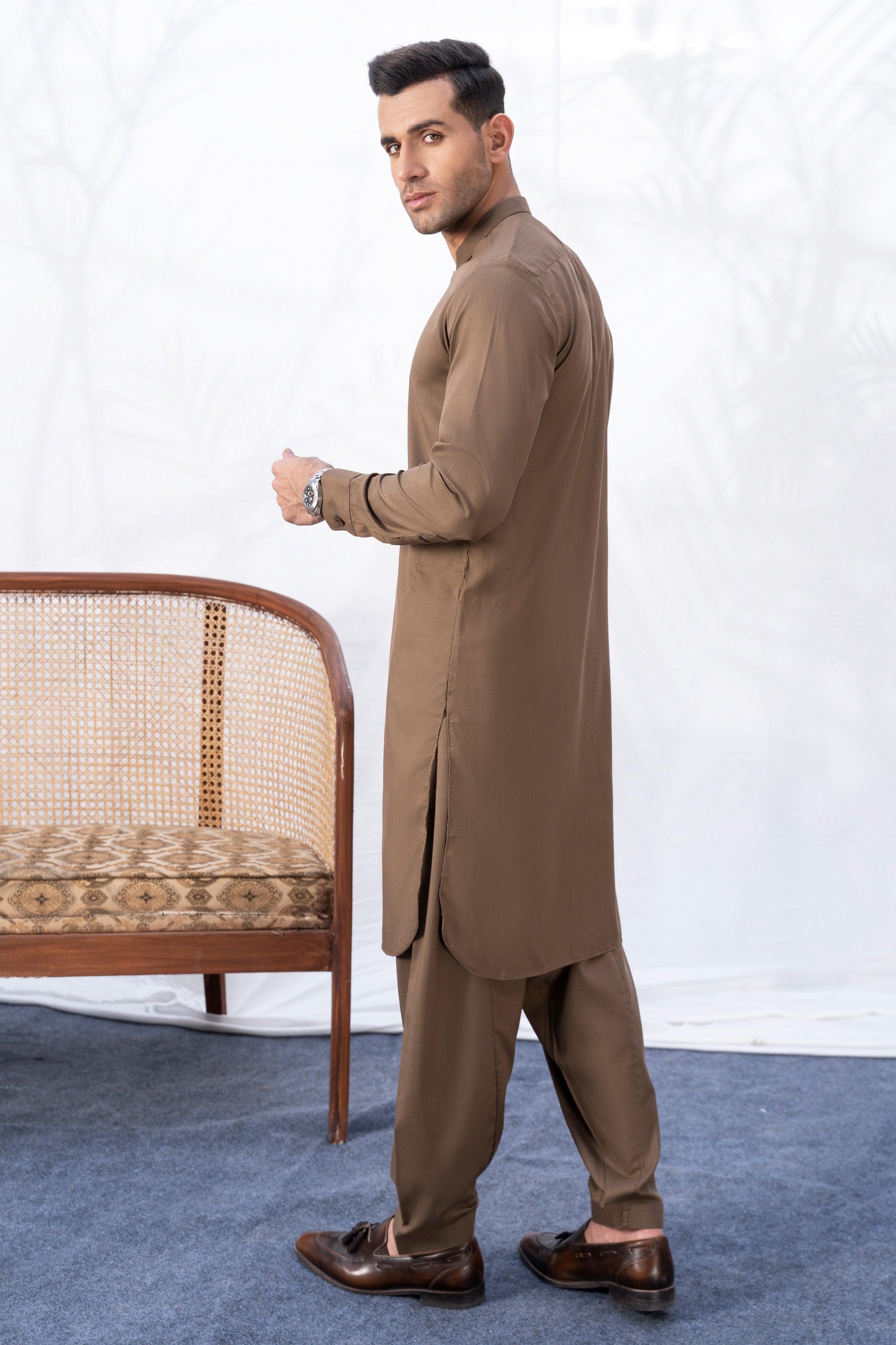 Shop SHALWAR KAMEEZ DARK KHAKI For Men Online - Main Image