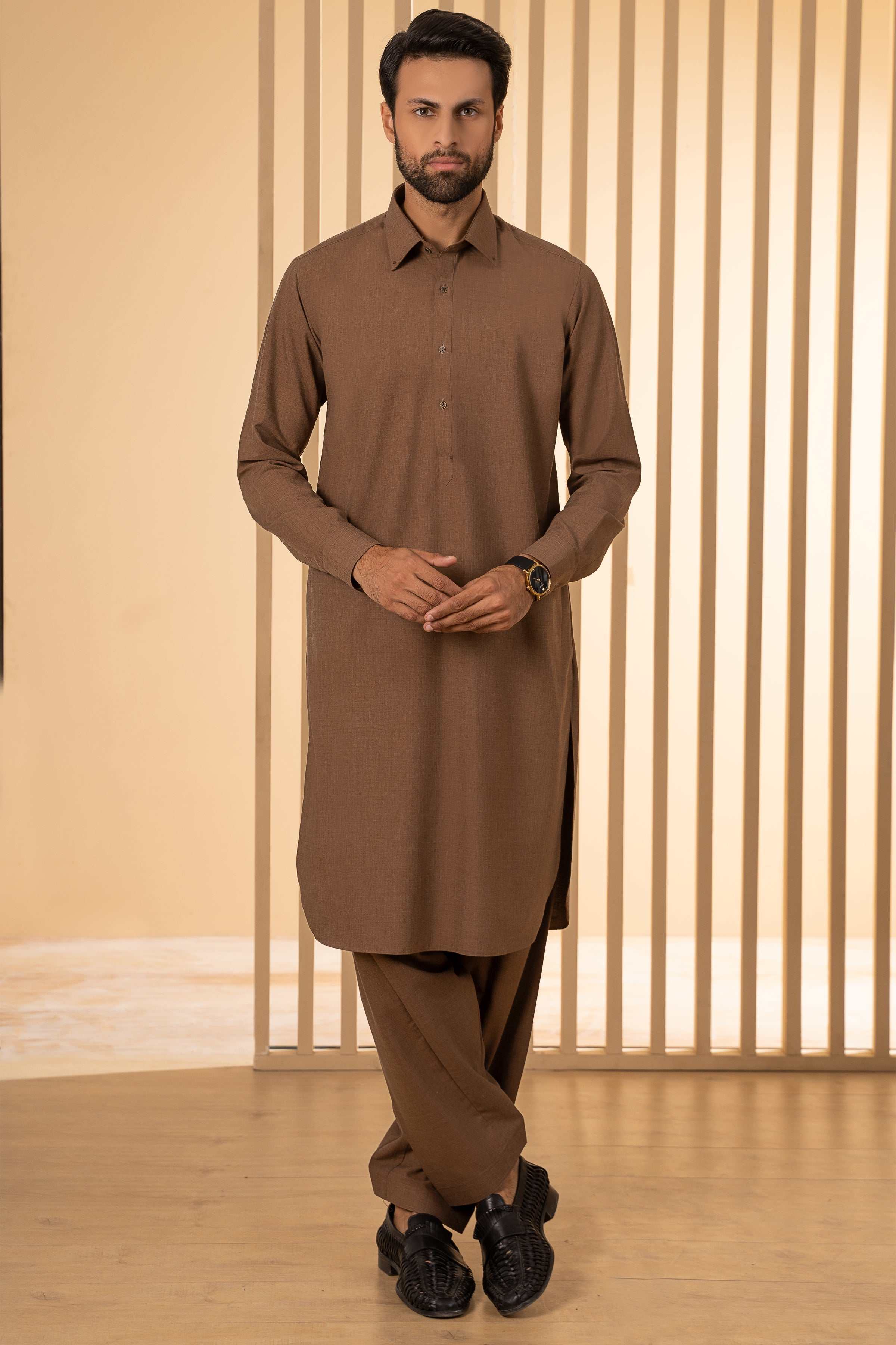 Shop SHALWAR KAMEEZ KHAKI MELANGE For Men Online - Main Image