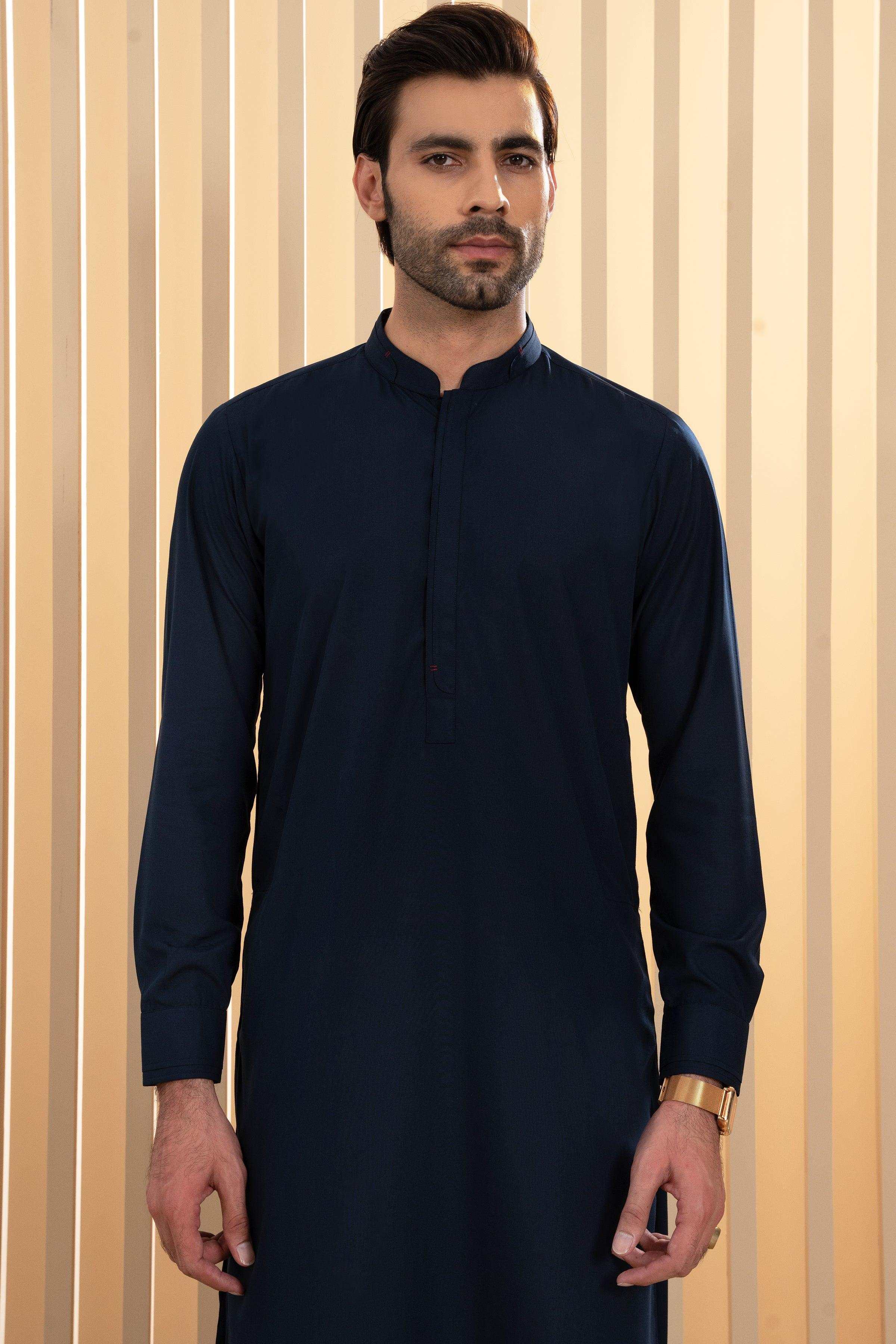 Ban Button Salwar Kameez EMBROIDERED-BLACK SHALWAR KAMEEZ- Men