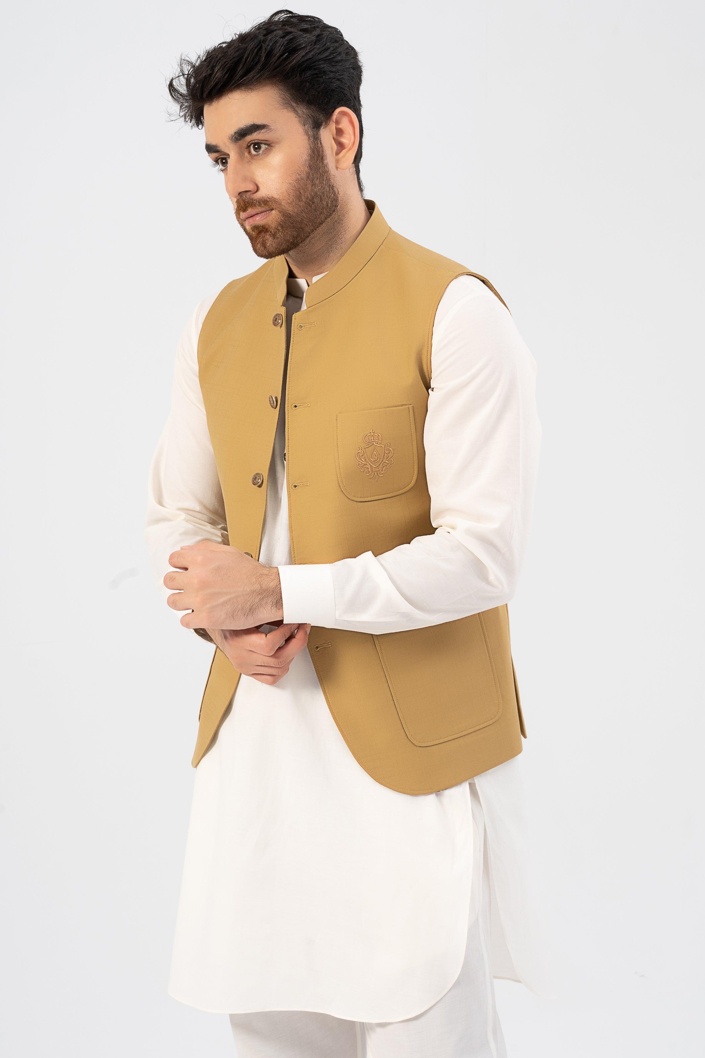 SIGNATURE EMBROIDERY WAISTCOAT MUSTARD YELLOW at Charcoal Clothing