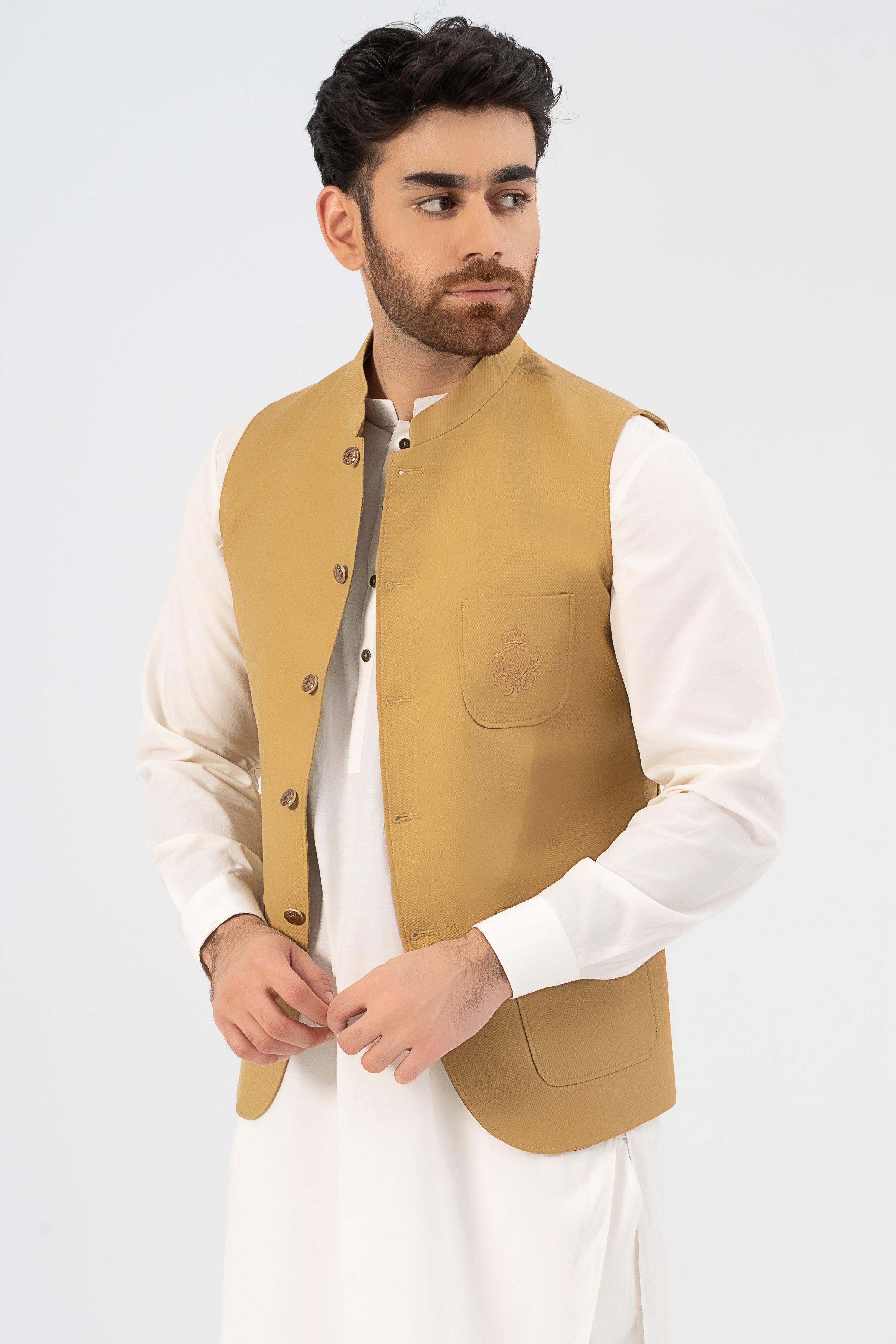 Shop SIGNATURE EMBROIDERY WAISTCOAT MUSTARD YELLOW For Men Online