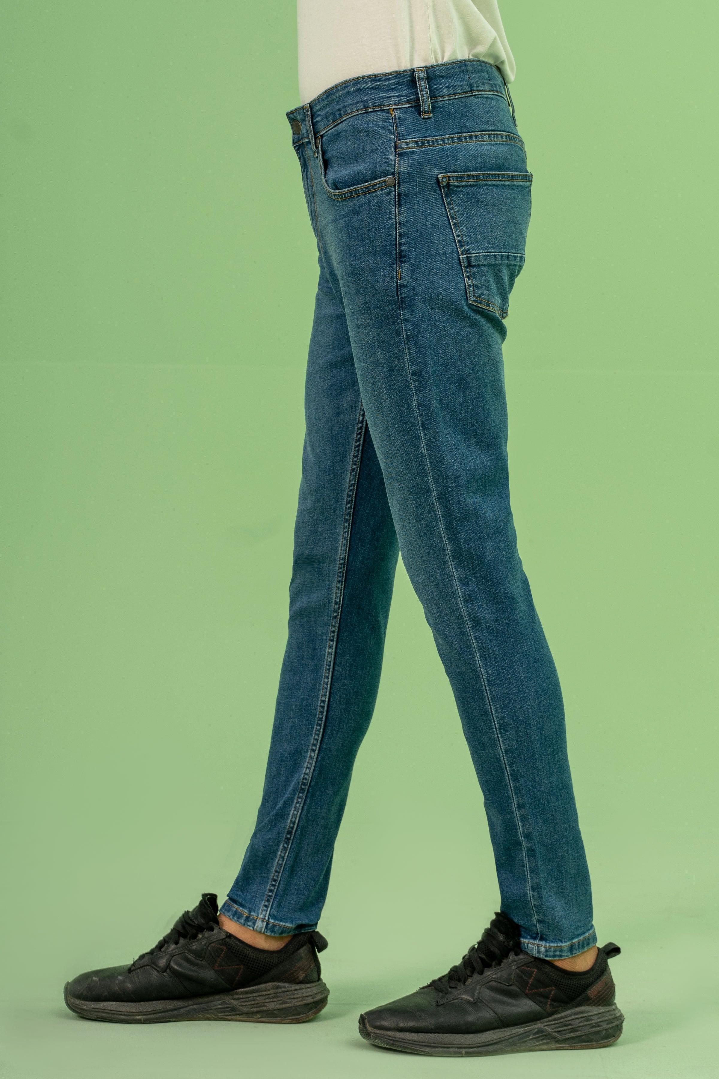 SKINNY LEG DENIM JEANS MID BLUE at Charcoal Clothing