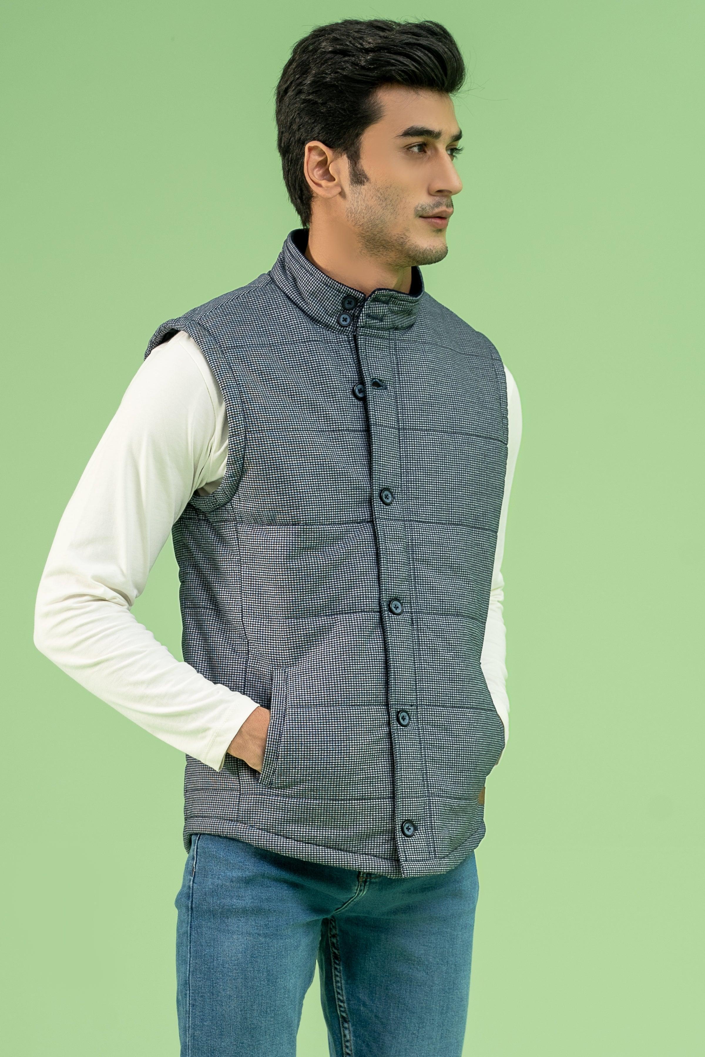 SLEEVELESS CHECK QUILTED JACKET NAVY GREY at Charcoal Clothing