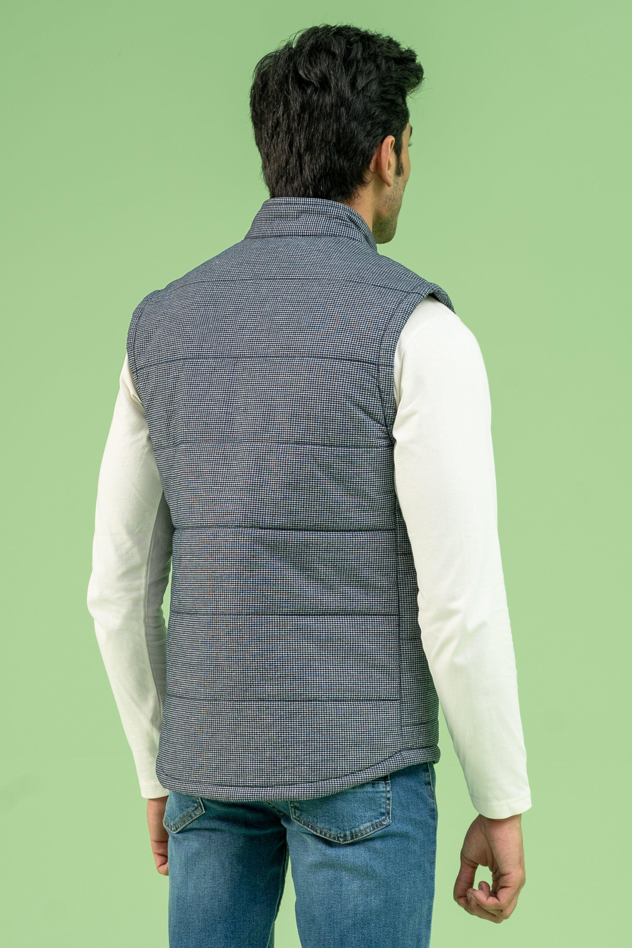 SLEEVELESS CHECK QUILTED JACKET NAVY GREY at Charcoal Clothing