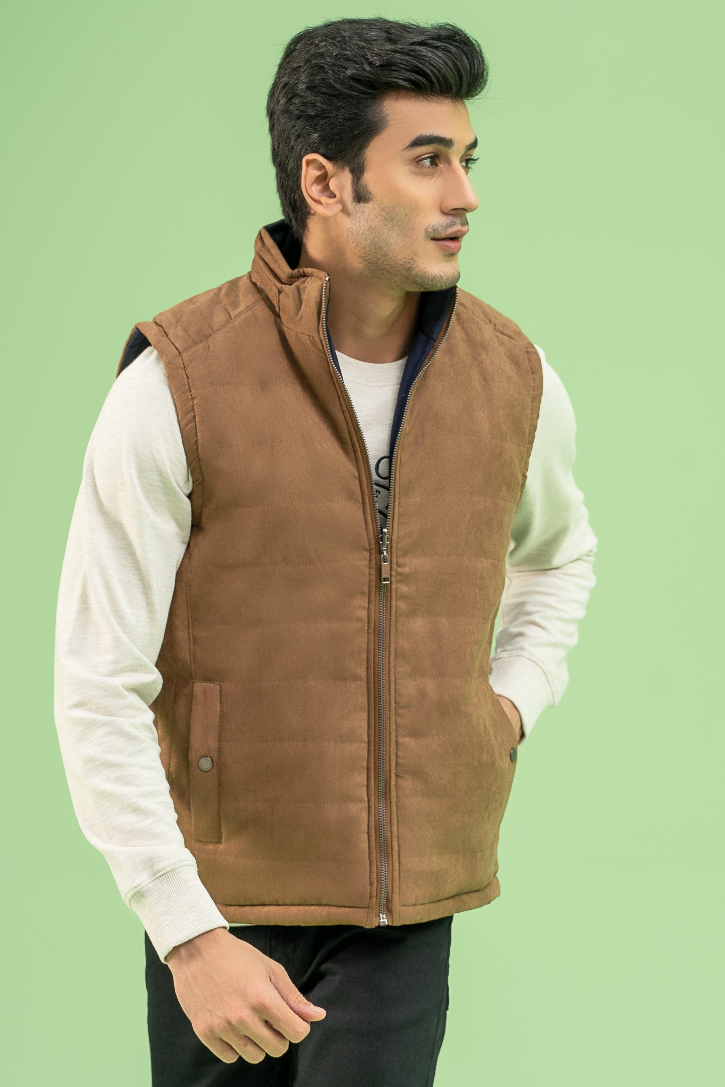 SLEEVELESS REVERSIBLE SUEDE JACKET BROWN at Charcoal Clothing