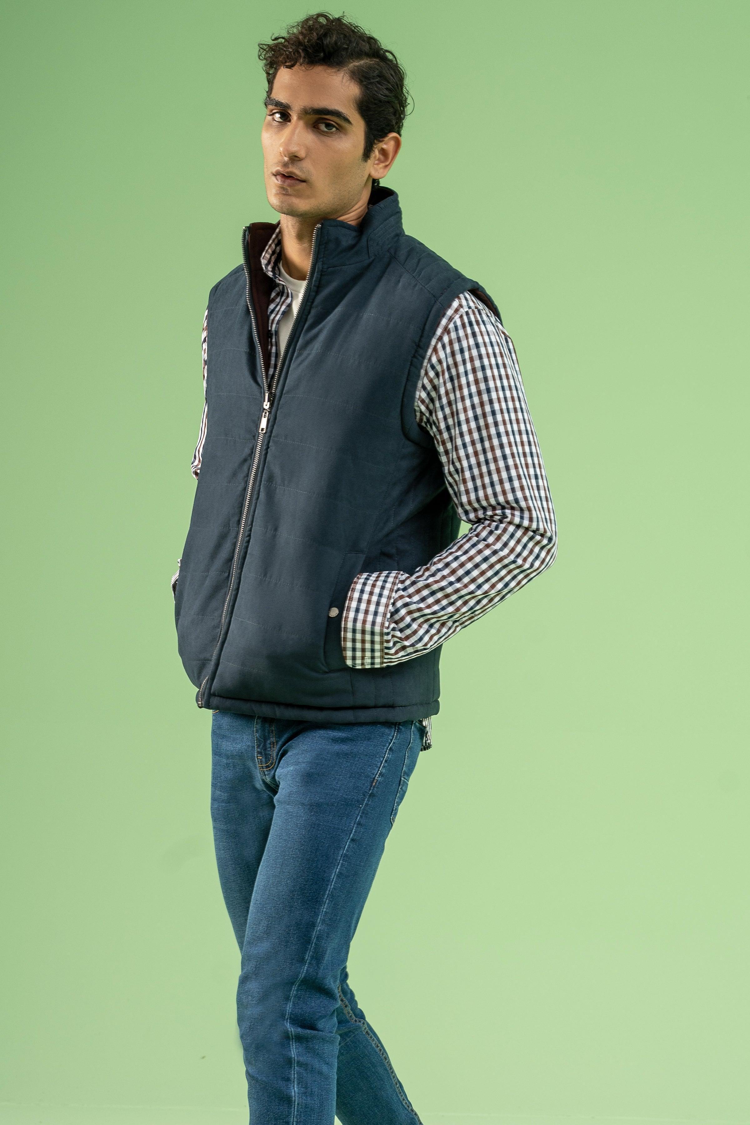 SLEEVELESS REVERSIBLE SUEDE JACKET NAVY at Charcoal Clothing