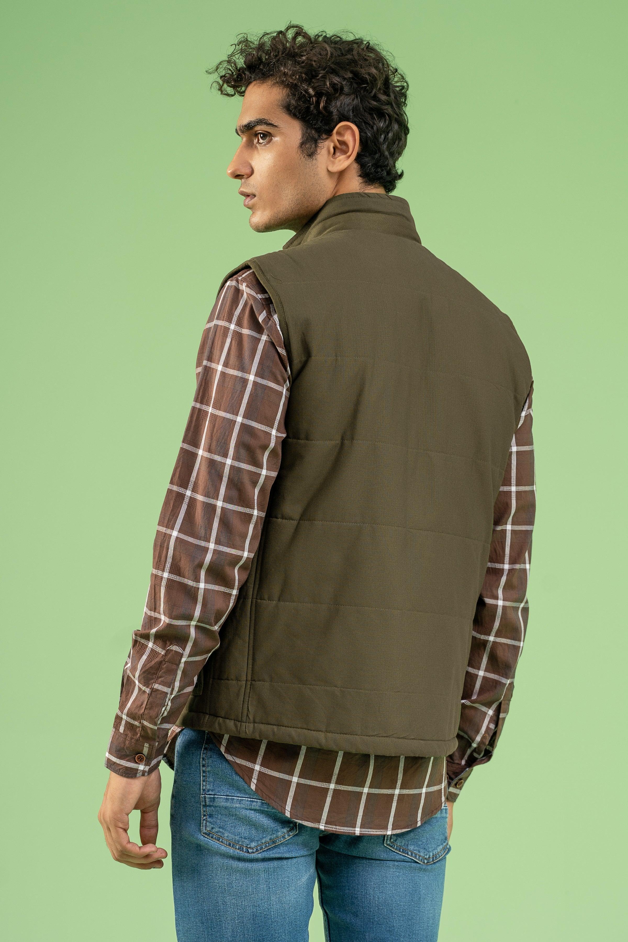 SLEEVESLESS RIPSTOP QUILTED JACKET DARK OLIVE at Charcoal Clothing