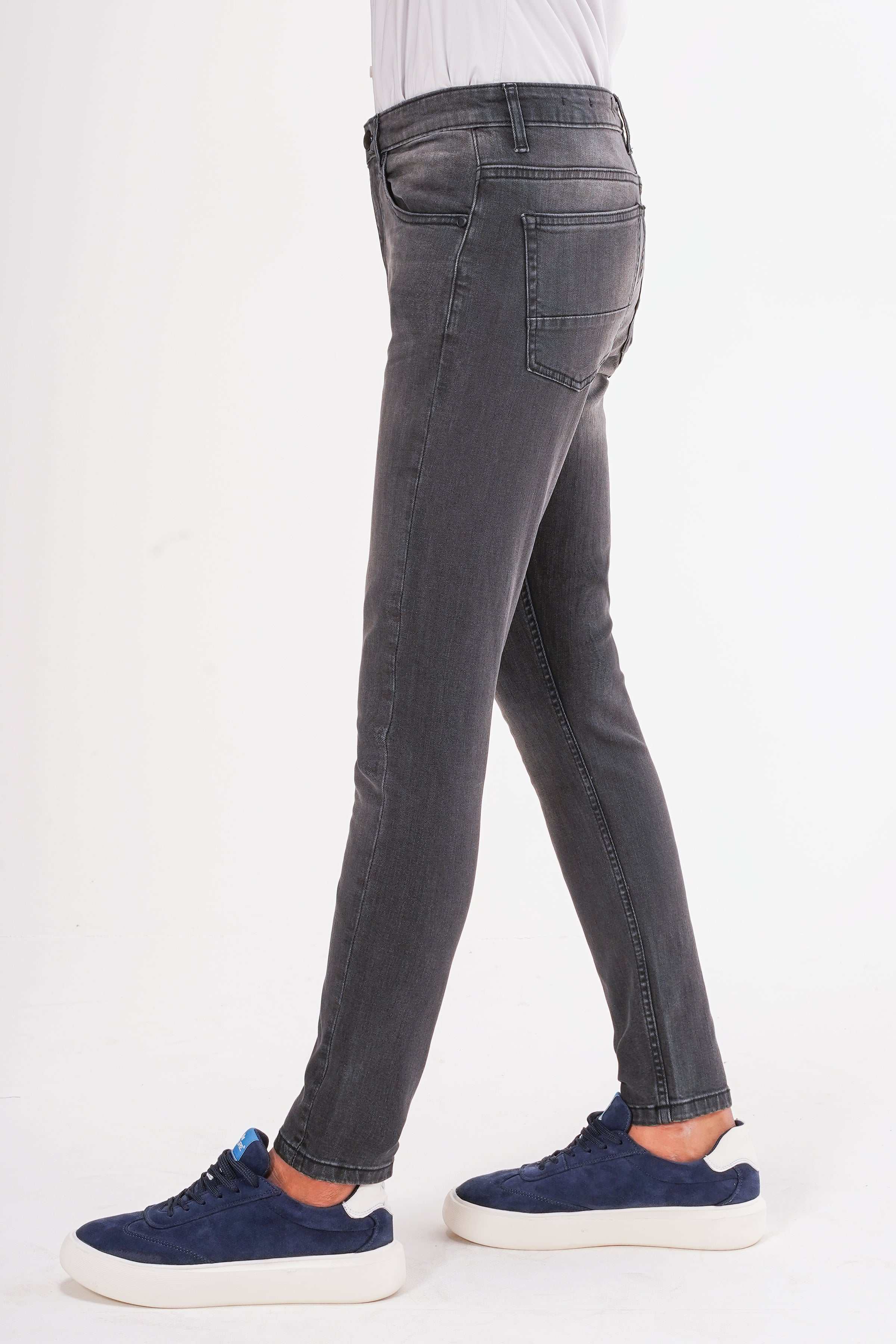 Dark grey slim-leg jeans with zip fly and belt loops