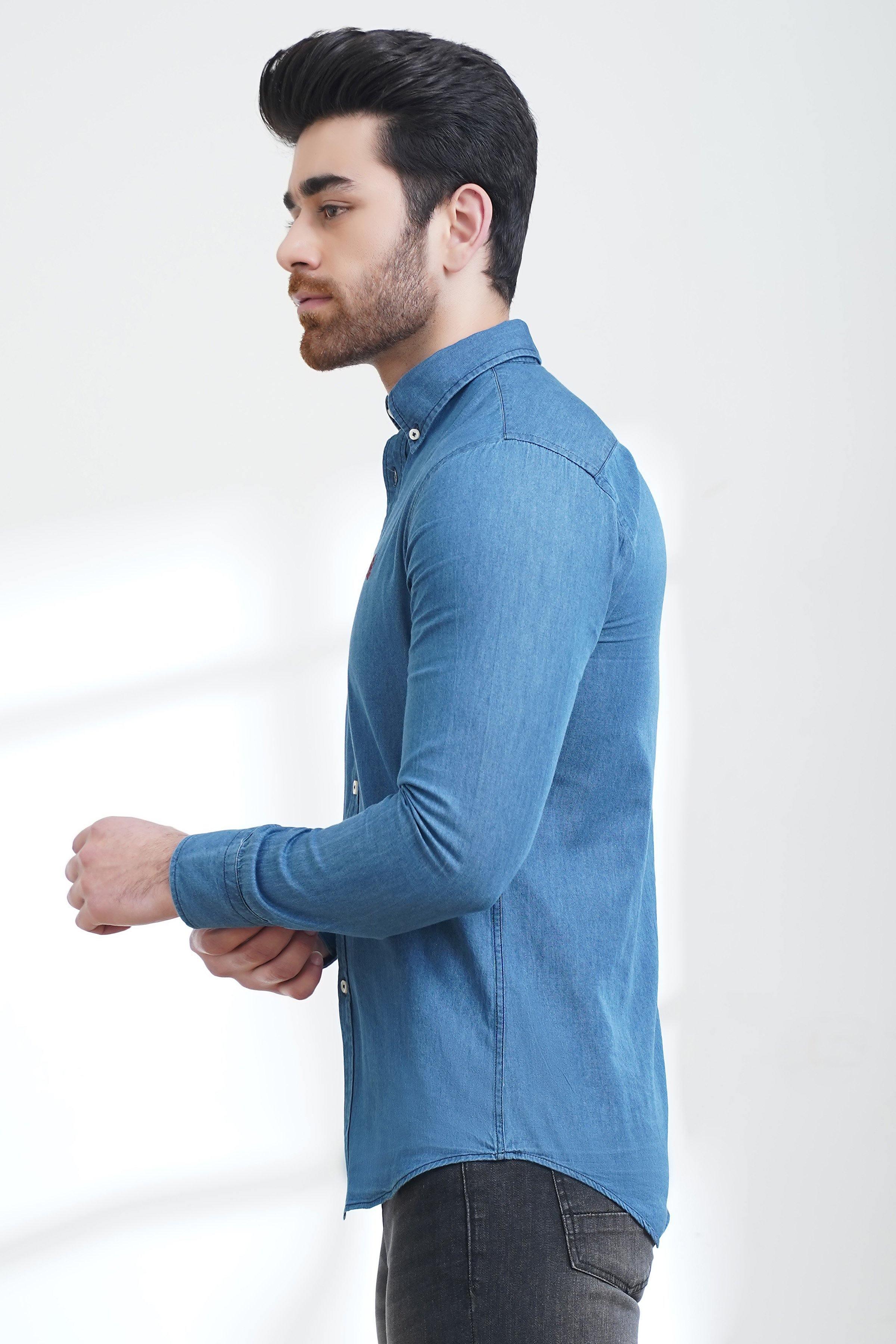 SMART INDIGO DENIM SHIRT BUTTON DOWN FULL SLEEVE DENIM BLUE at Charcoal Clothing