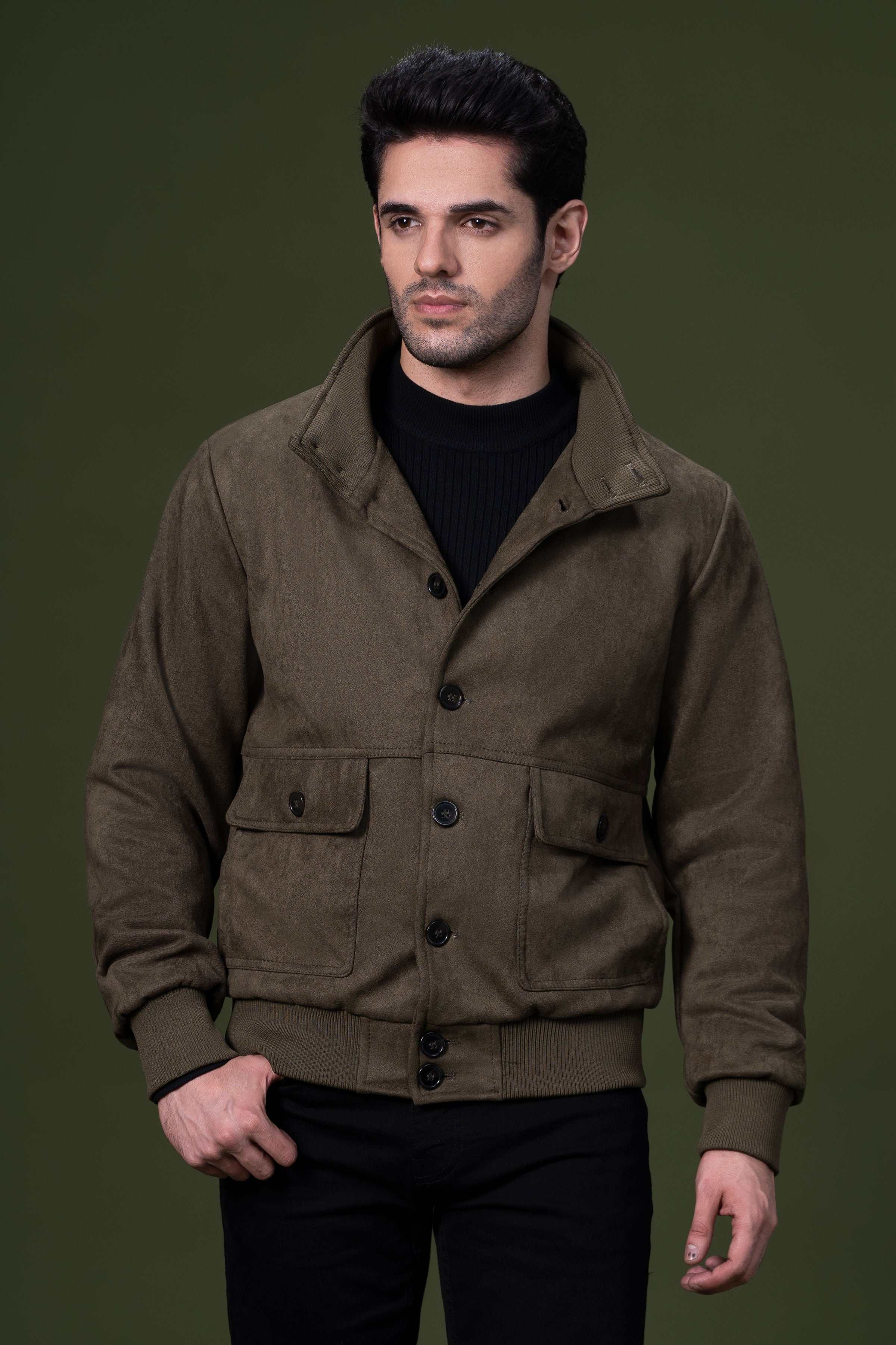 SUEDE JACKET OLIVE at Charcoal Clothing