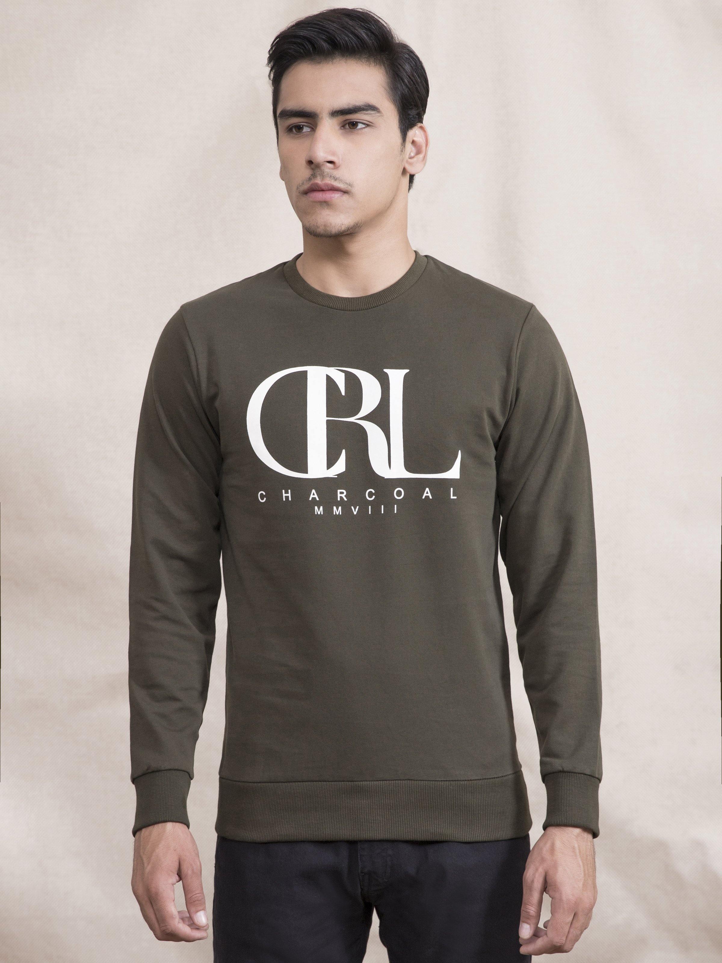SWEAT SHIRT PRINTED FULL SLEEVE OLIVE at Charcoal Clothing