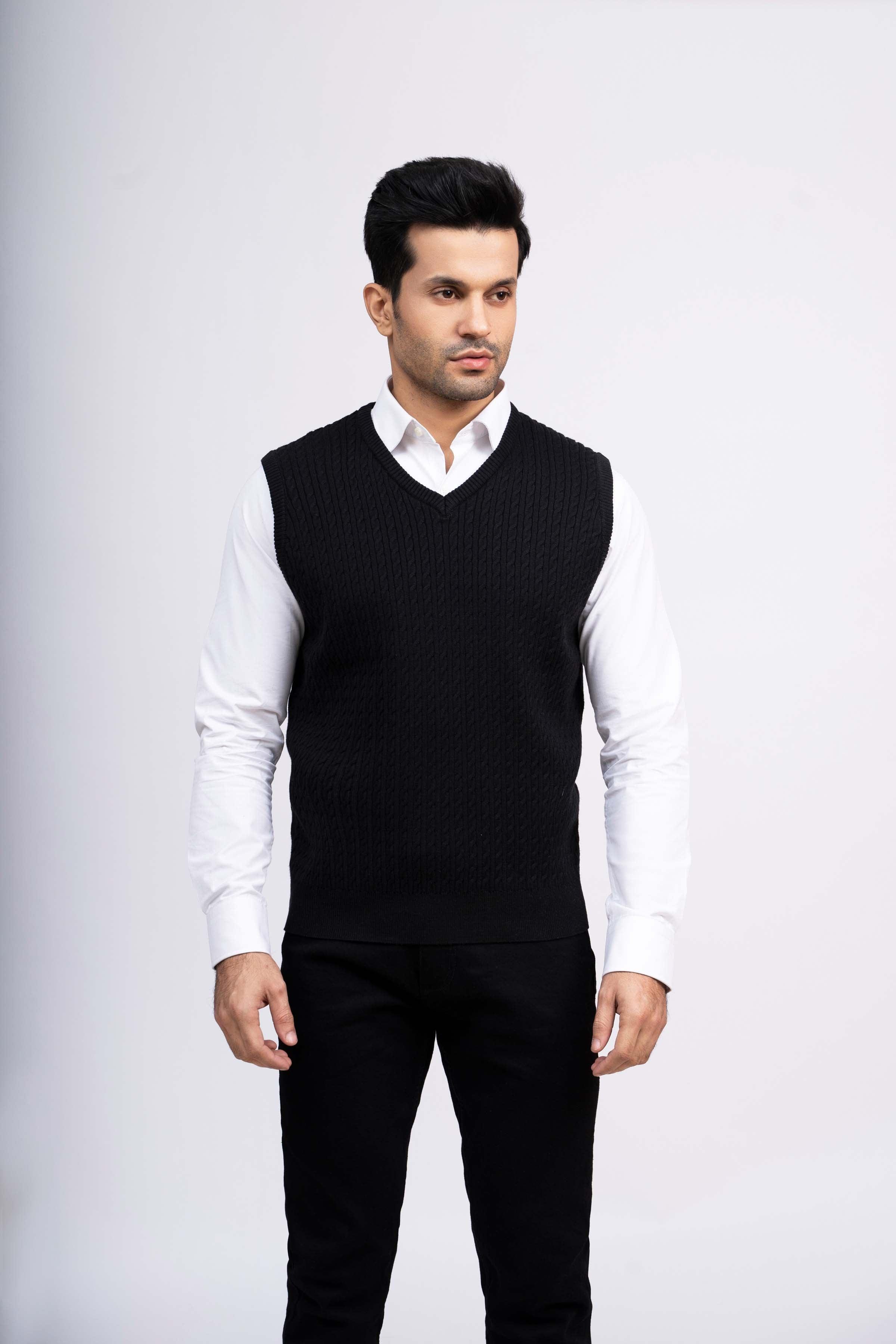 SWEATER CABLE TIPPING SLEEVES LESS BLACK at Charcoal Clothing