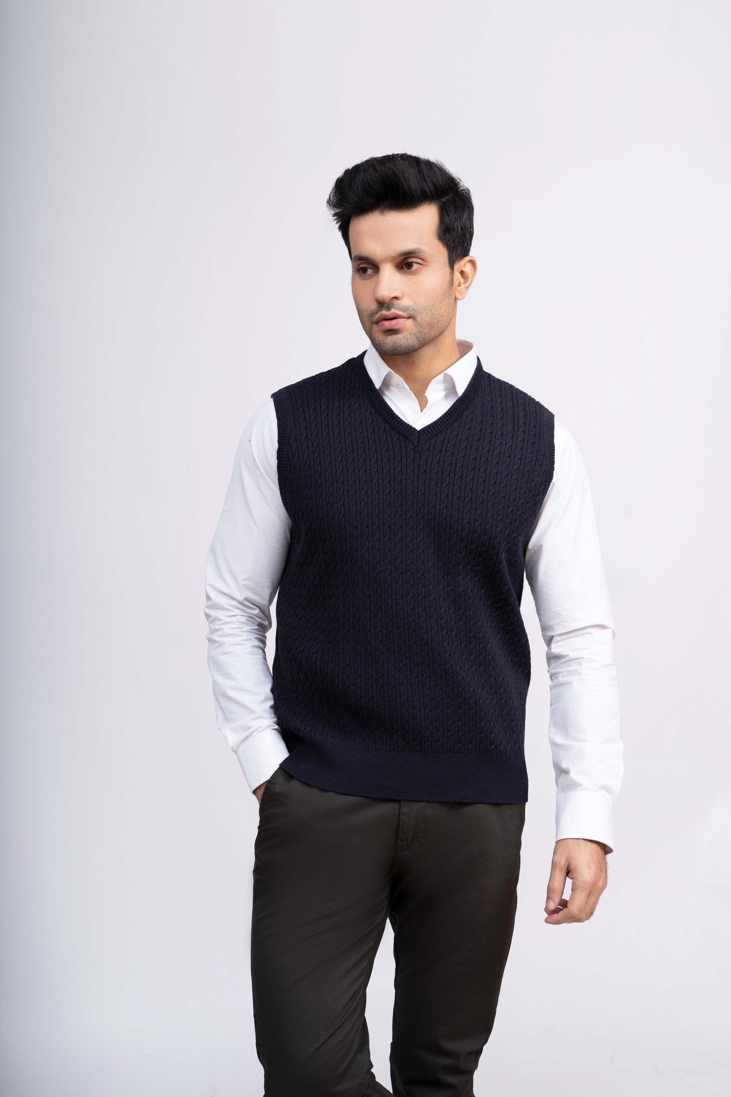 SWEATER CABLE TIPPING SLEEVES LESS NAVY at Charcoal Clothing