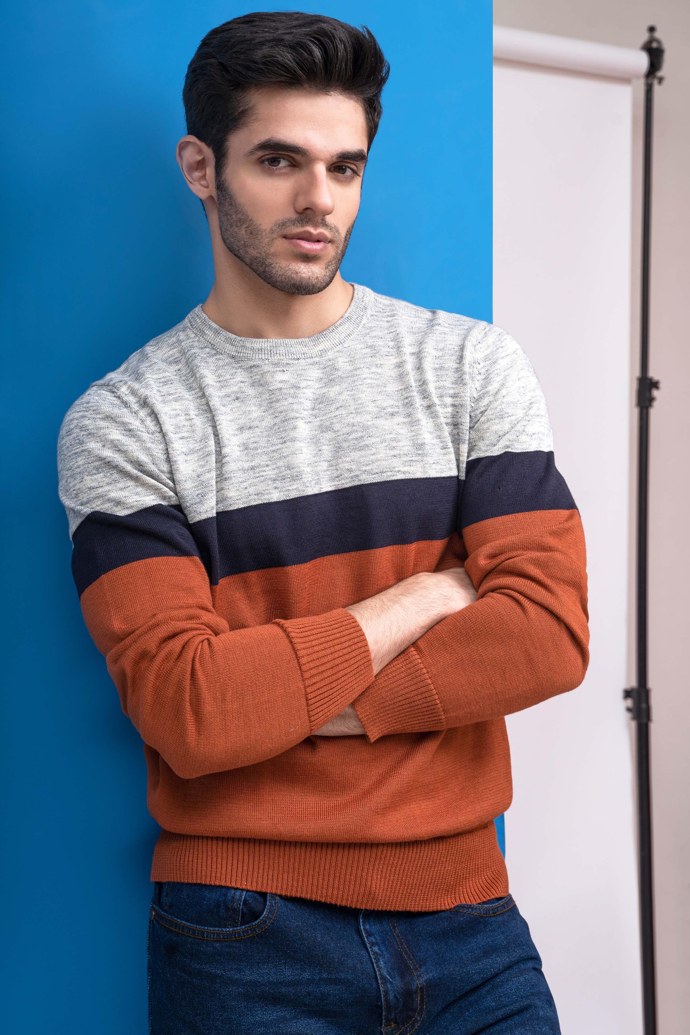 SWEATER FORNT PANEL FULL SLEEVES RUST GREY at Charcoal Clothing