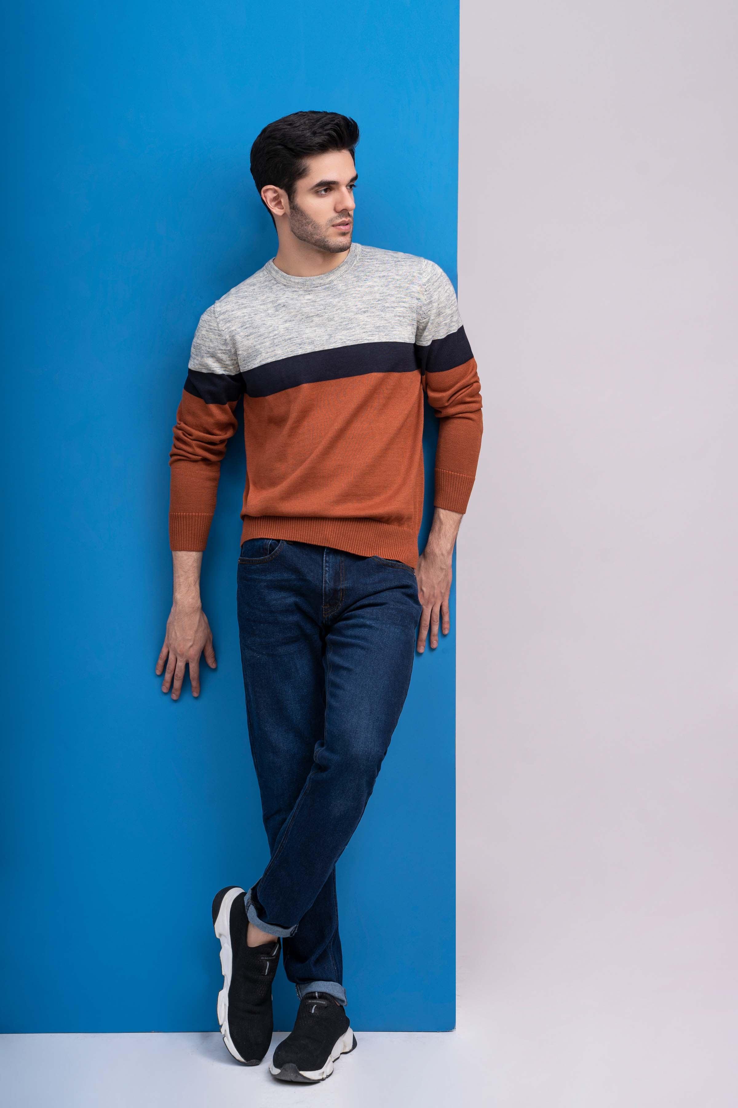 SWEATER FORNT PANEL FULL SLEEVES RUST GREY at Charcoal Clothing