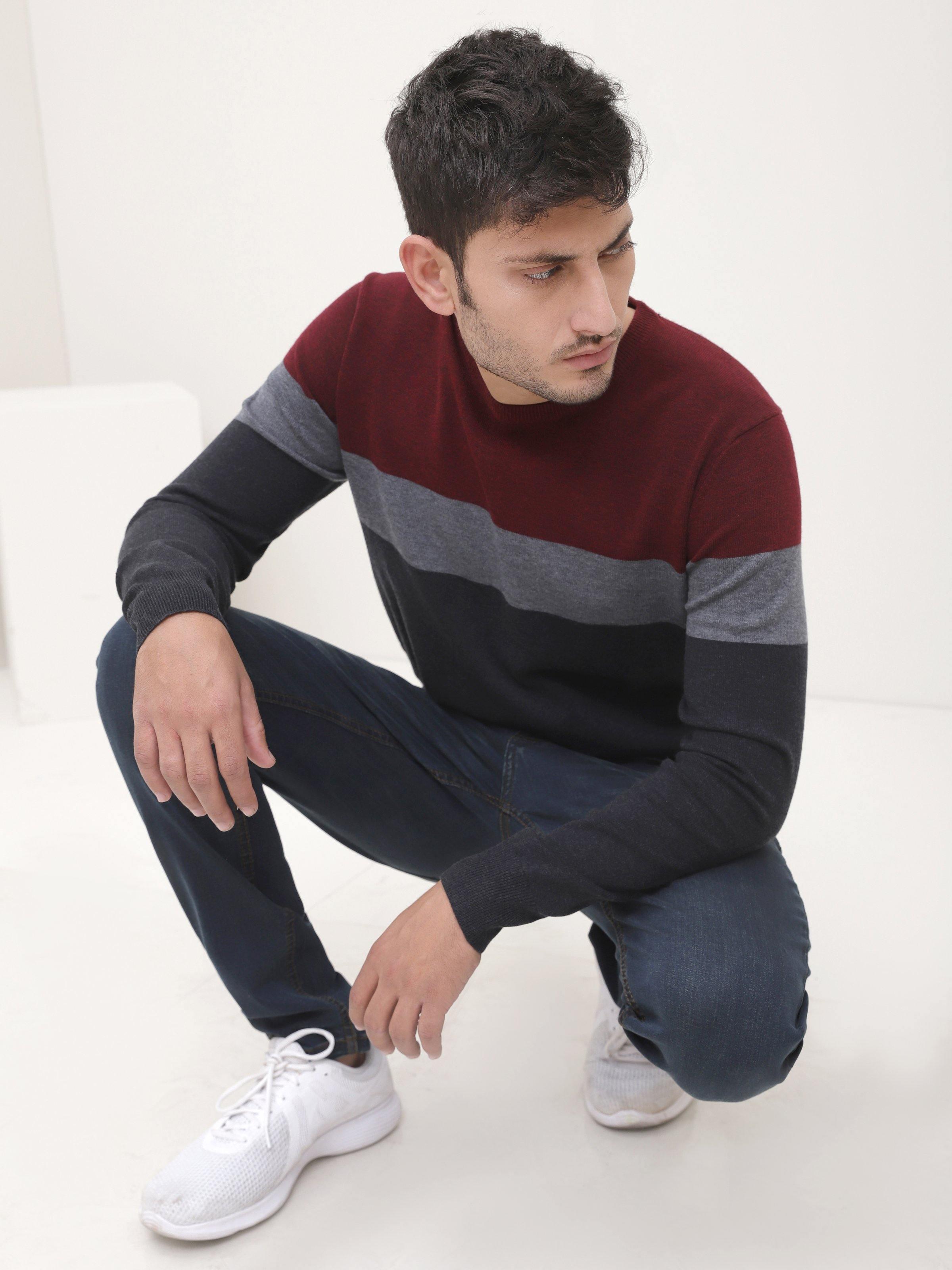 SWEATER ROUND NECK FULL SLEEVE MAHROON GREY at Charcoal Clothing