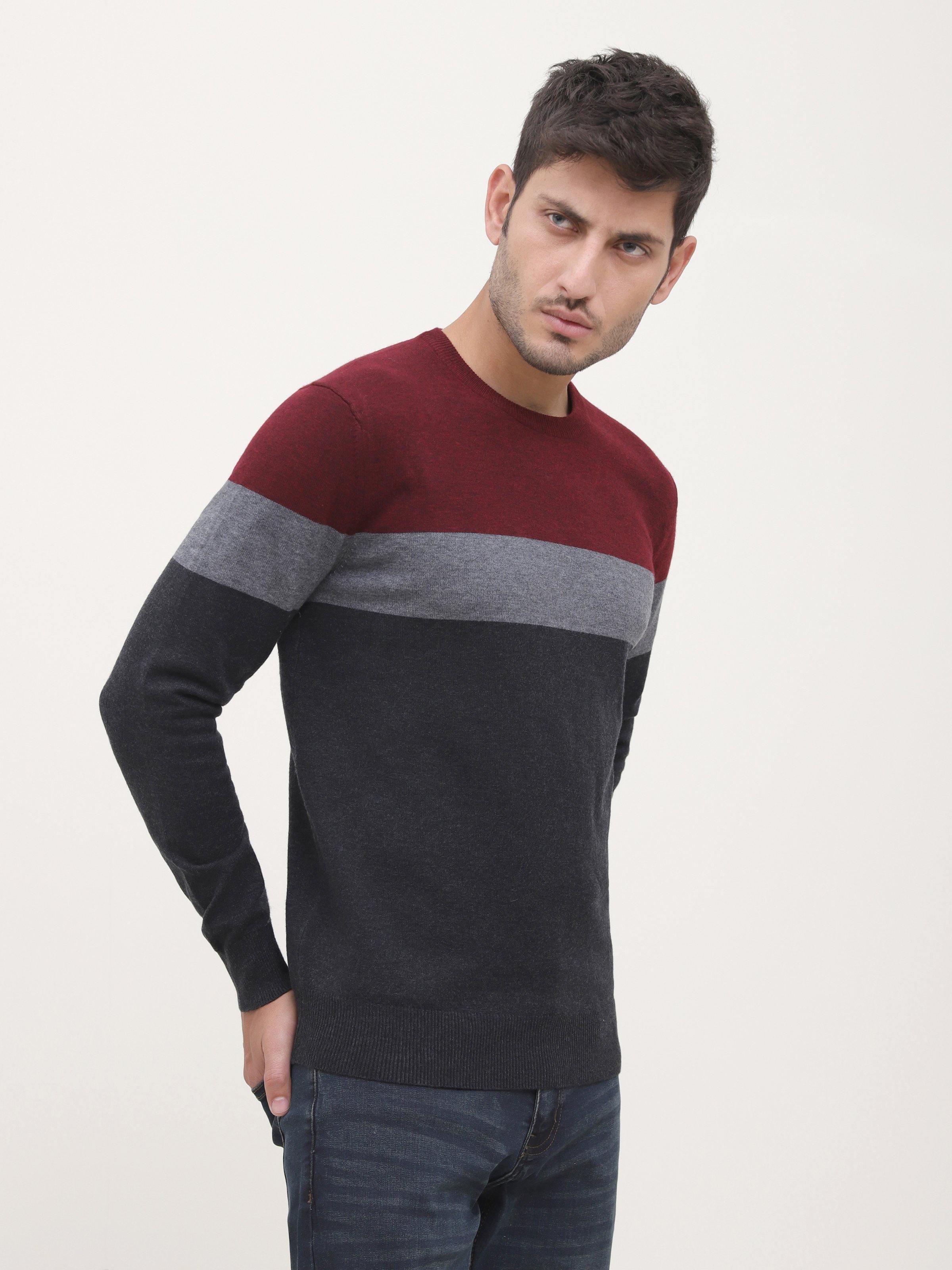 SWEATER ROUND NECK FULL SLEEVE MAHROON GREY at Charcoal Clothing