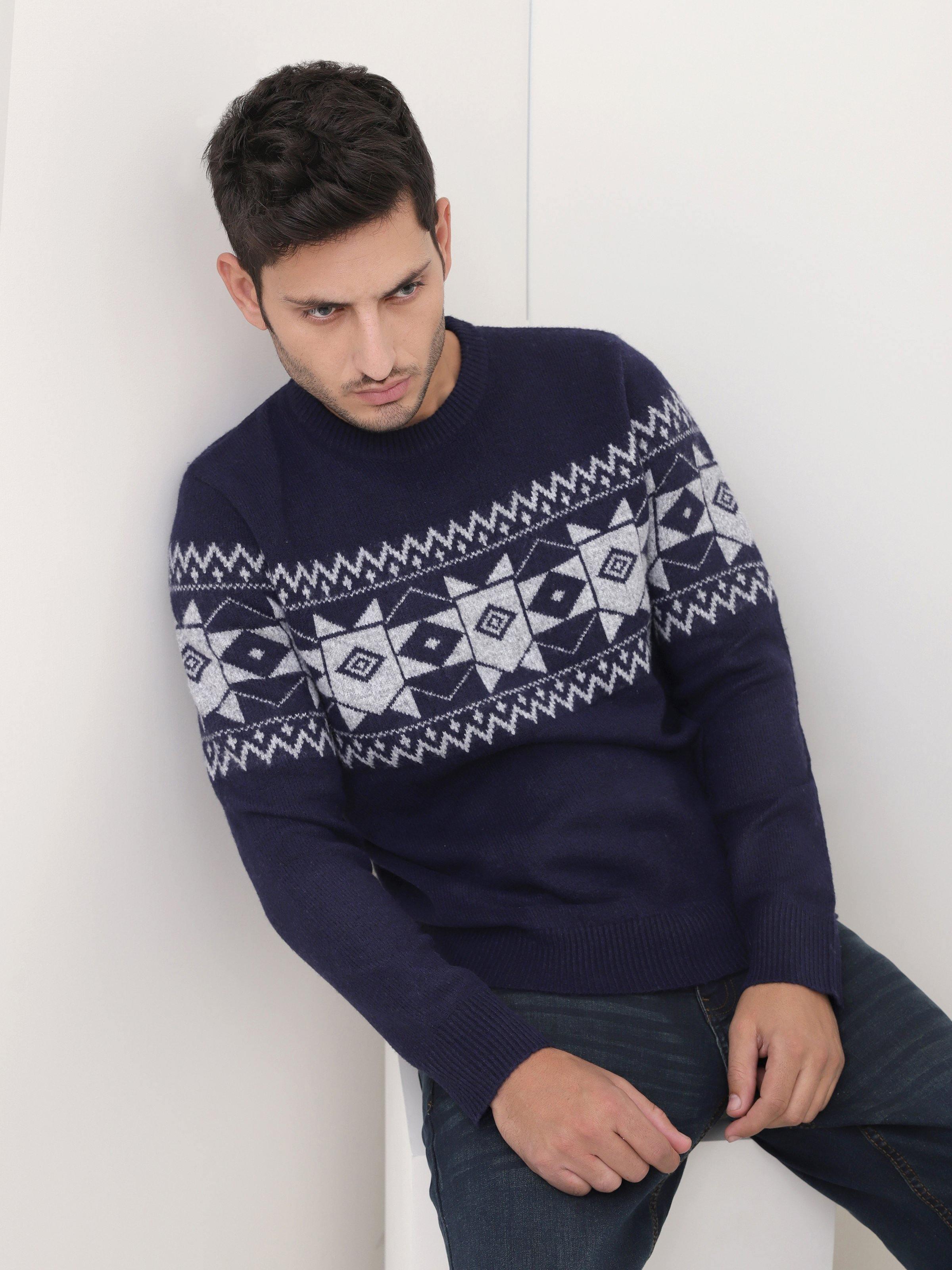 SWEATER ROUND NECK FULL SLEEVE NAVY GREY at Charcoal Clothing