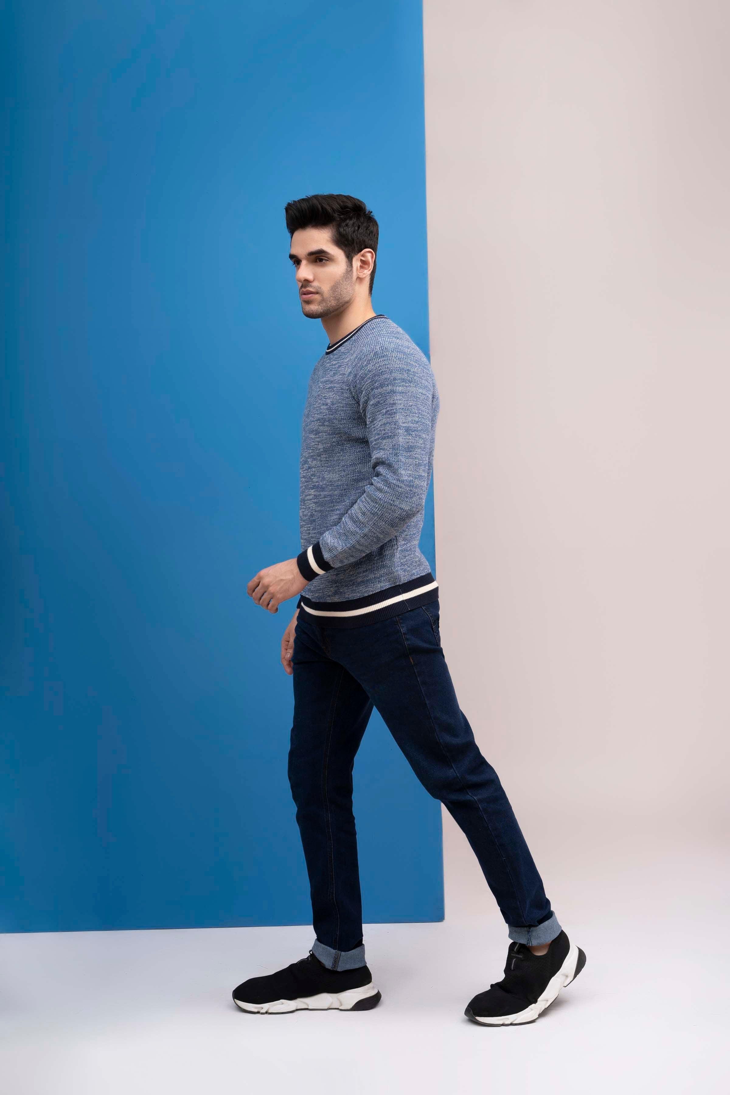 SWEATER ROUND NECK TIPPING FULL SLEEVES BLUE at Charcoal Clothing
