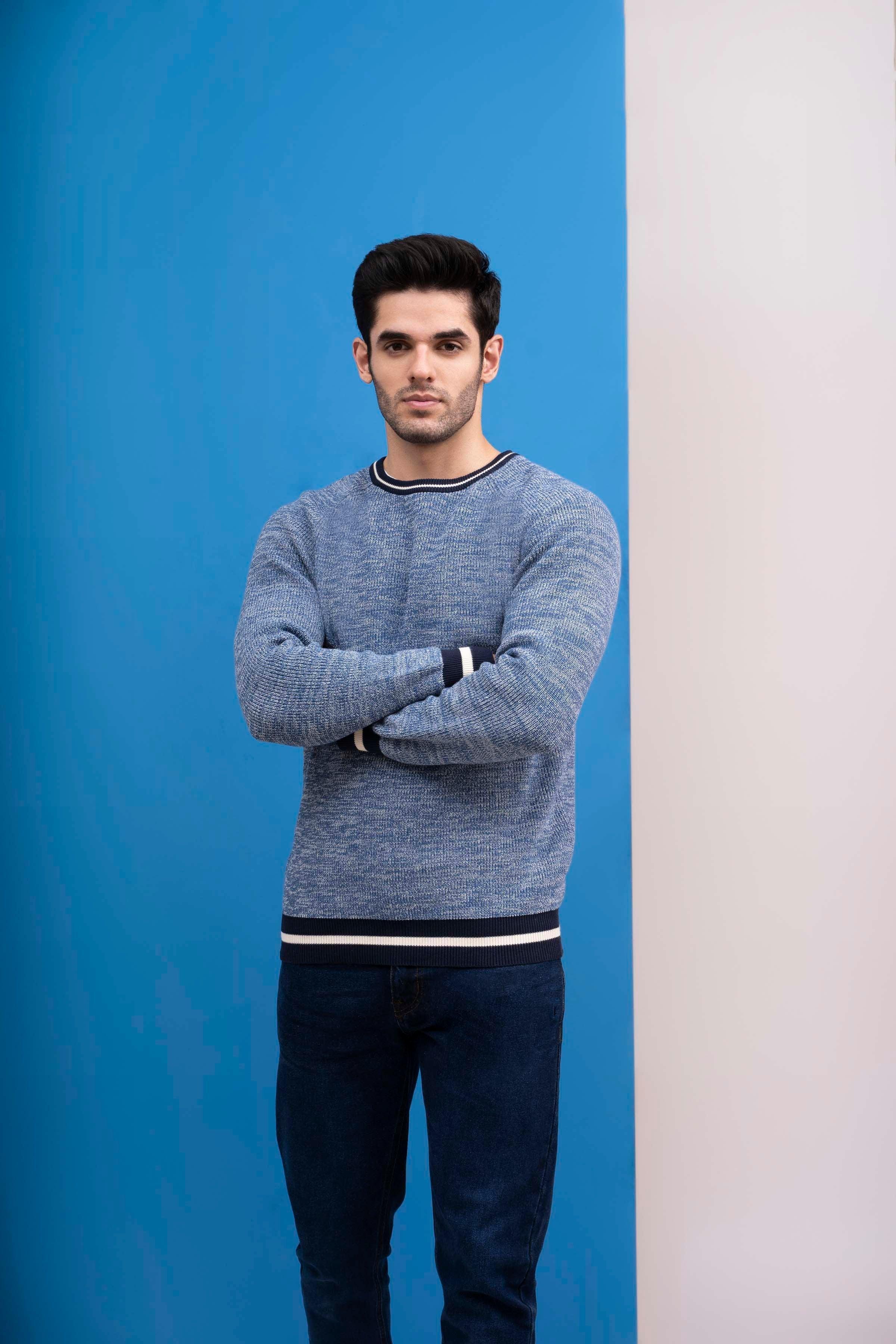 SWEATER ROUND NECK TIPPING FULL SLEEVES BLUE at Charcoal Clothing