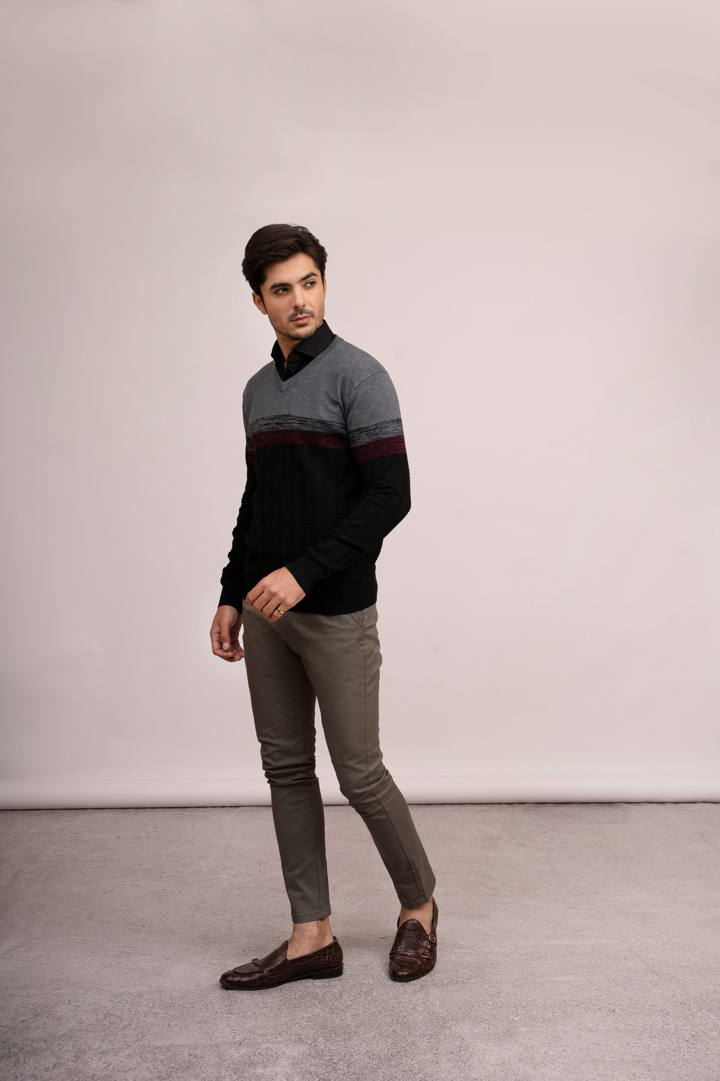 SWEATER V NECK F/S BLACK GREY at Charcoal Clothing