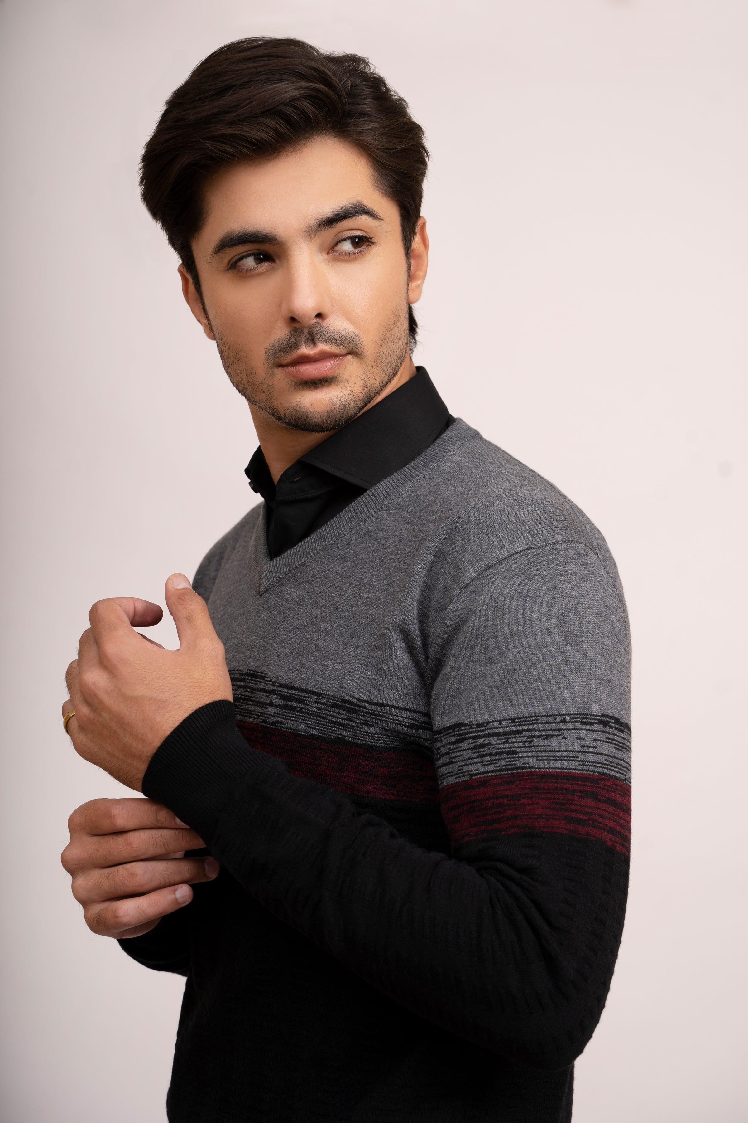 SWEATER V NECK F/S BLACK GREY at Charcoal Clothing