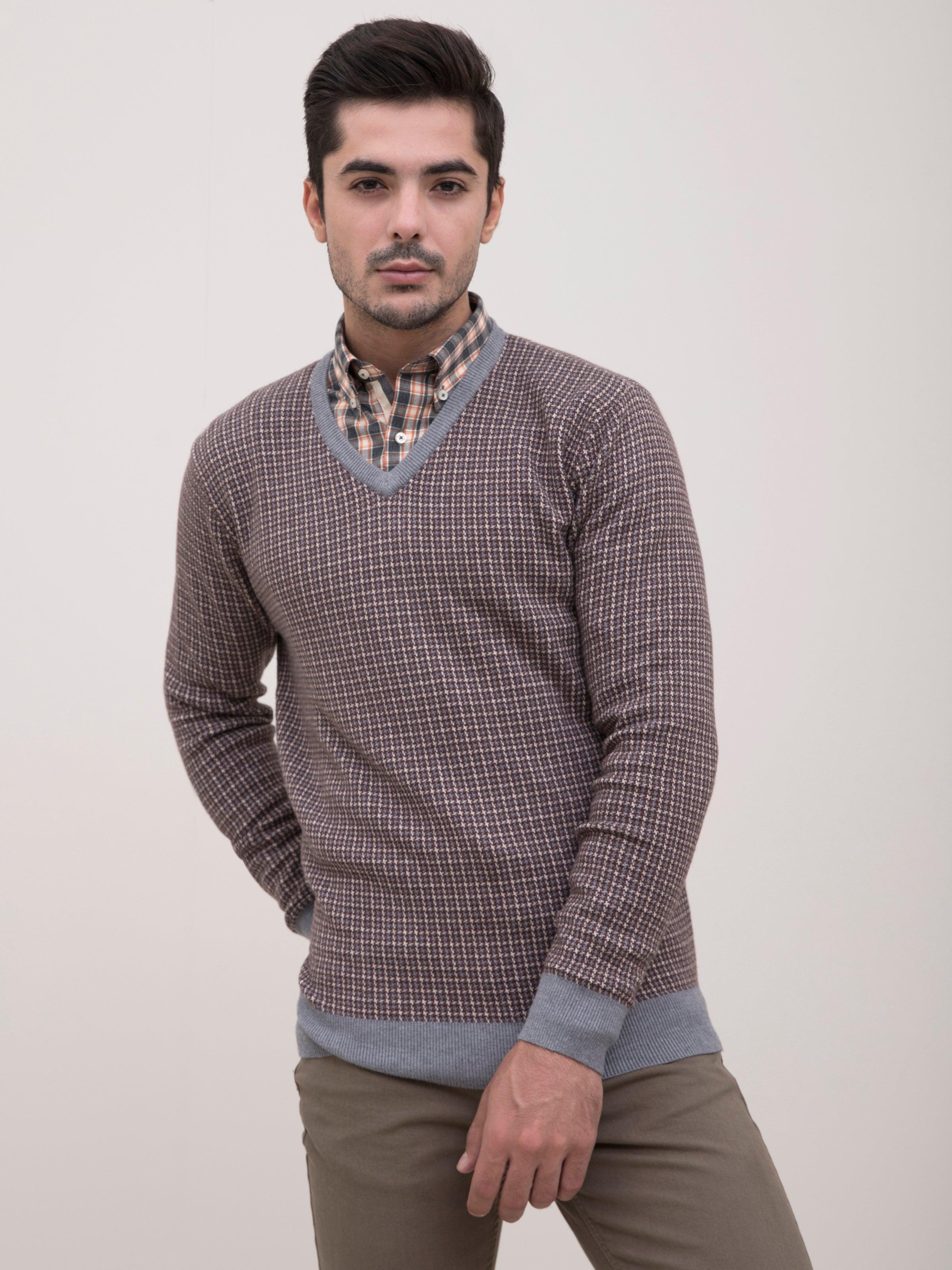 SWEATER V NECK F/S BROWN BEIGE at Charcoal Clothing