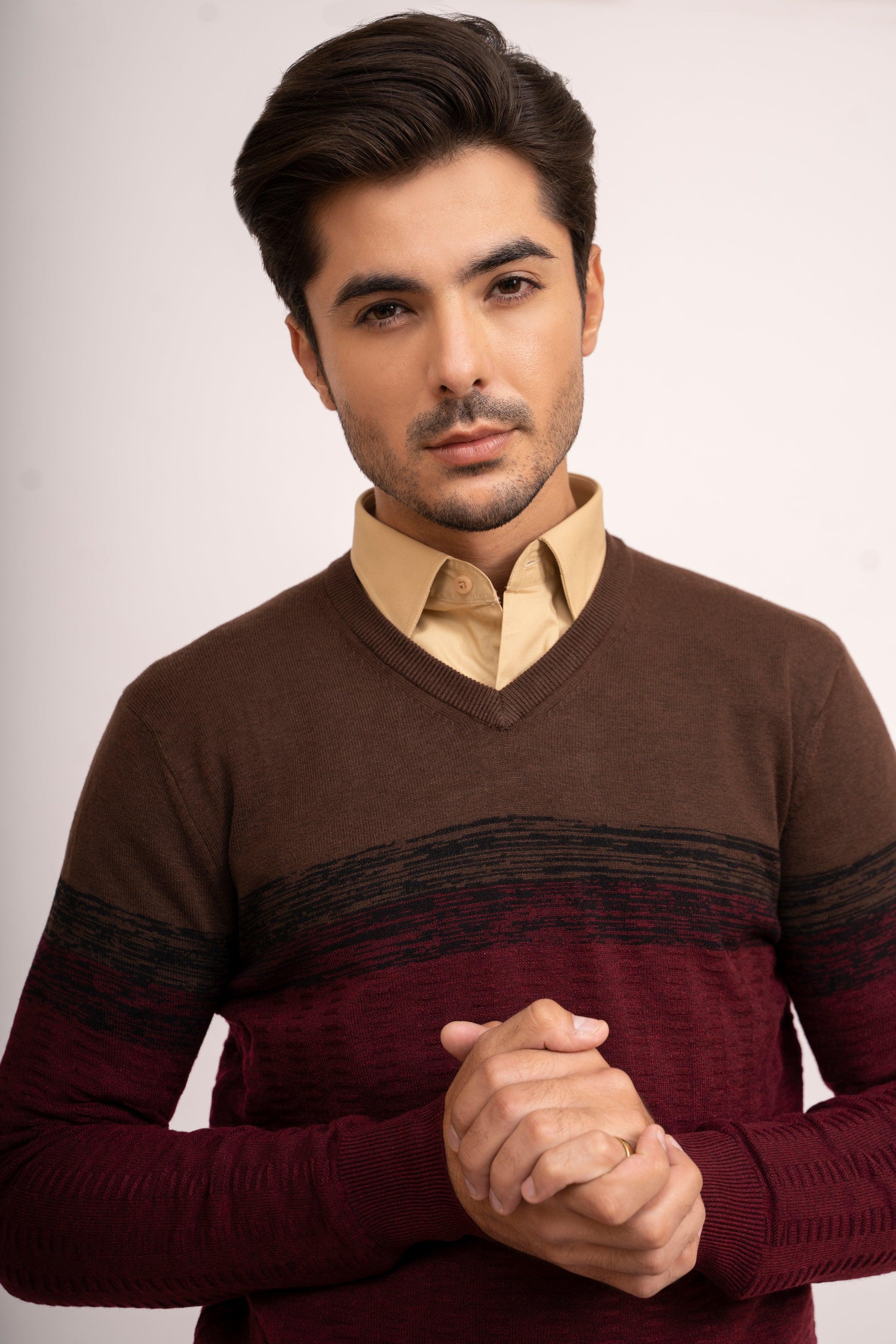 SWEATER V NECK F/S MAROON BROWN at Charcoal Clothing