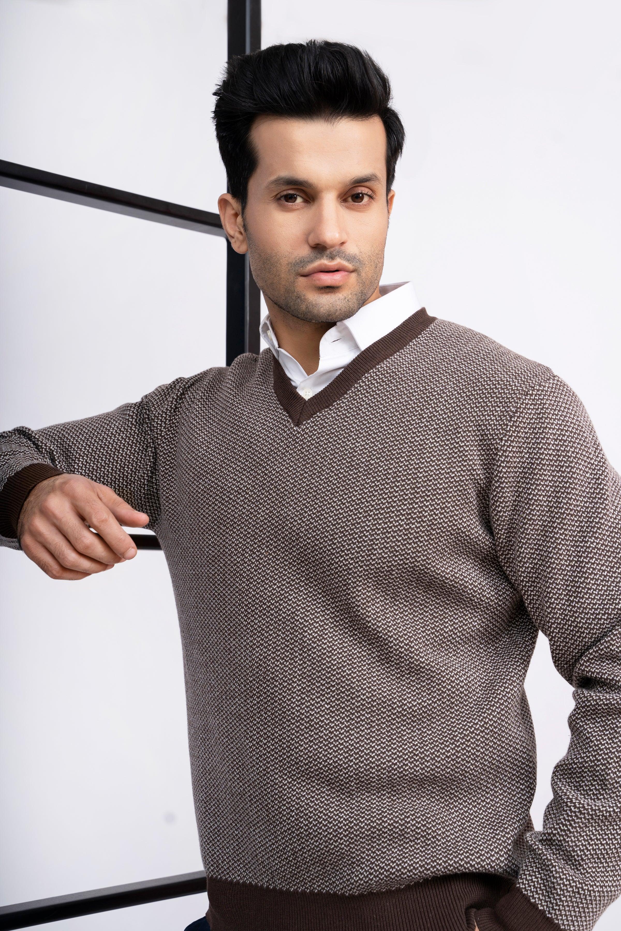 SWEATER V NECK SELF TEXTURED BROWN at Charcoal Clothing