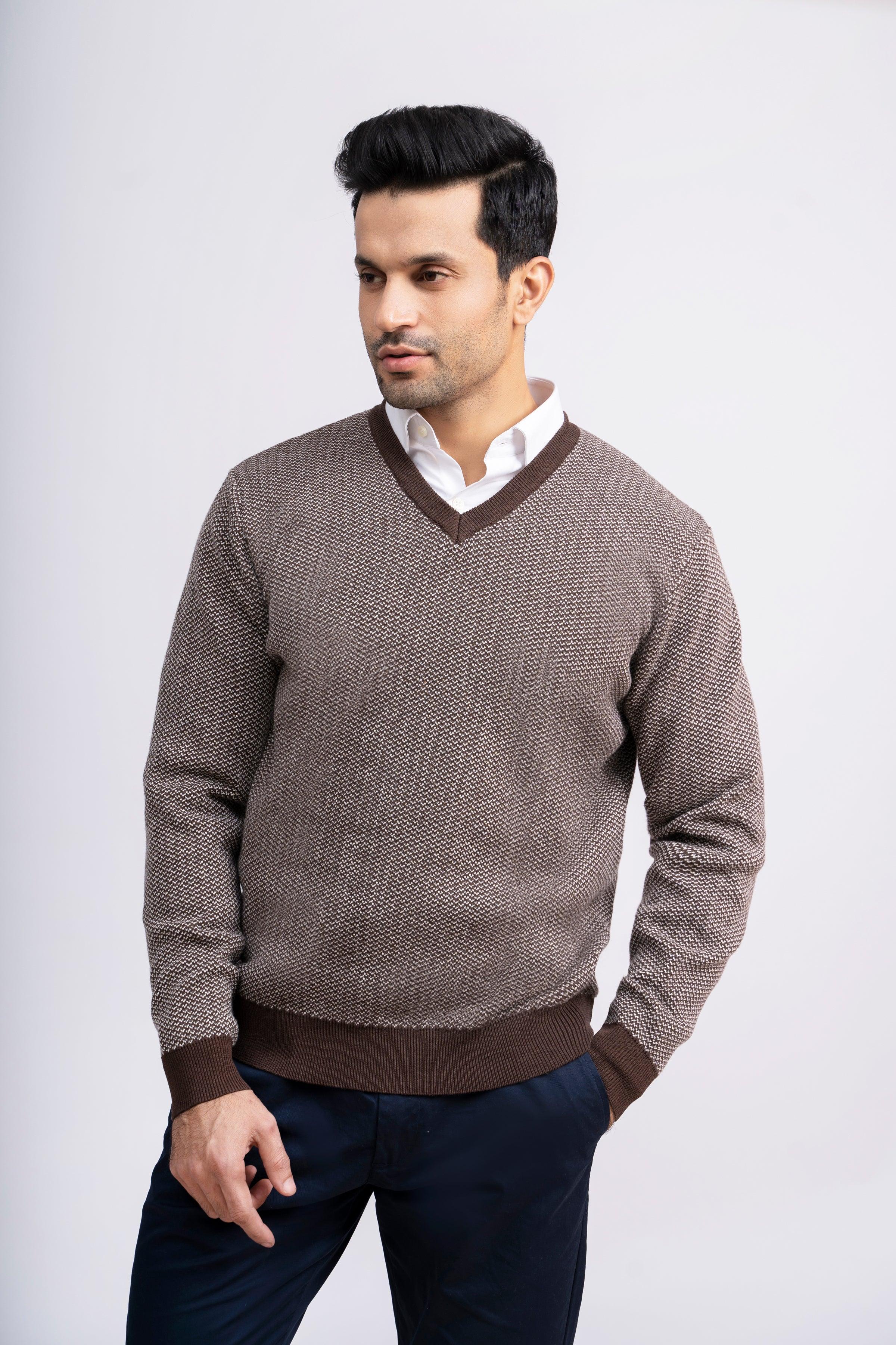 SWEATER V NECK SELF TEXTURED BROWN at Charcoal Clothing