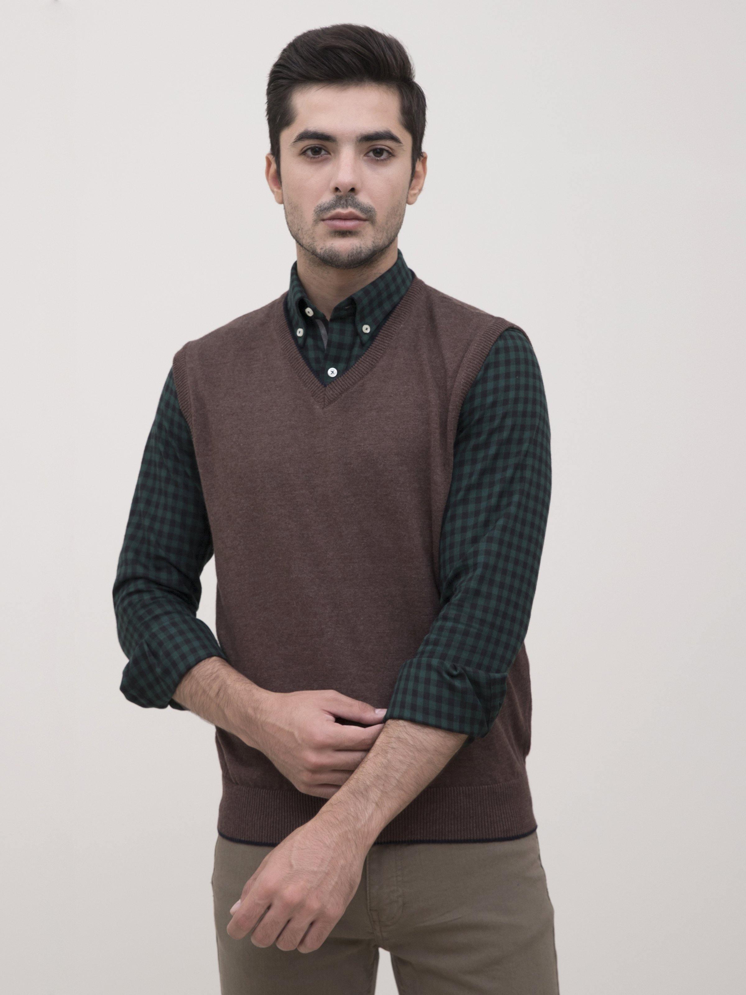 SWEATER V NECK TIPPING BROWN at Charcoal Clothing
