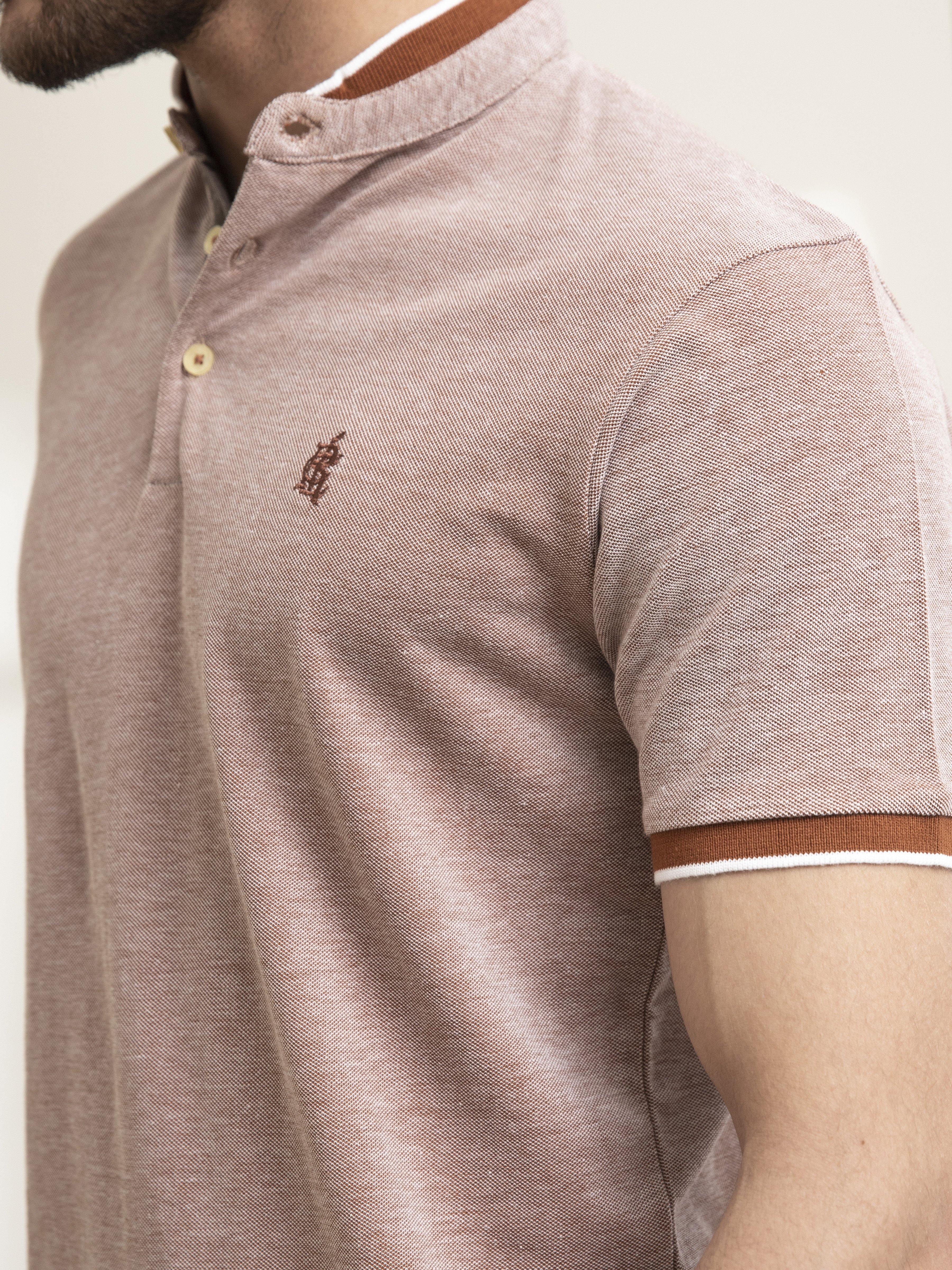 T SHIRT BAN COLLAR BIRD EYE WITH EMBROIDERY RUST at Charcoal Clothing