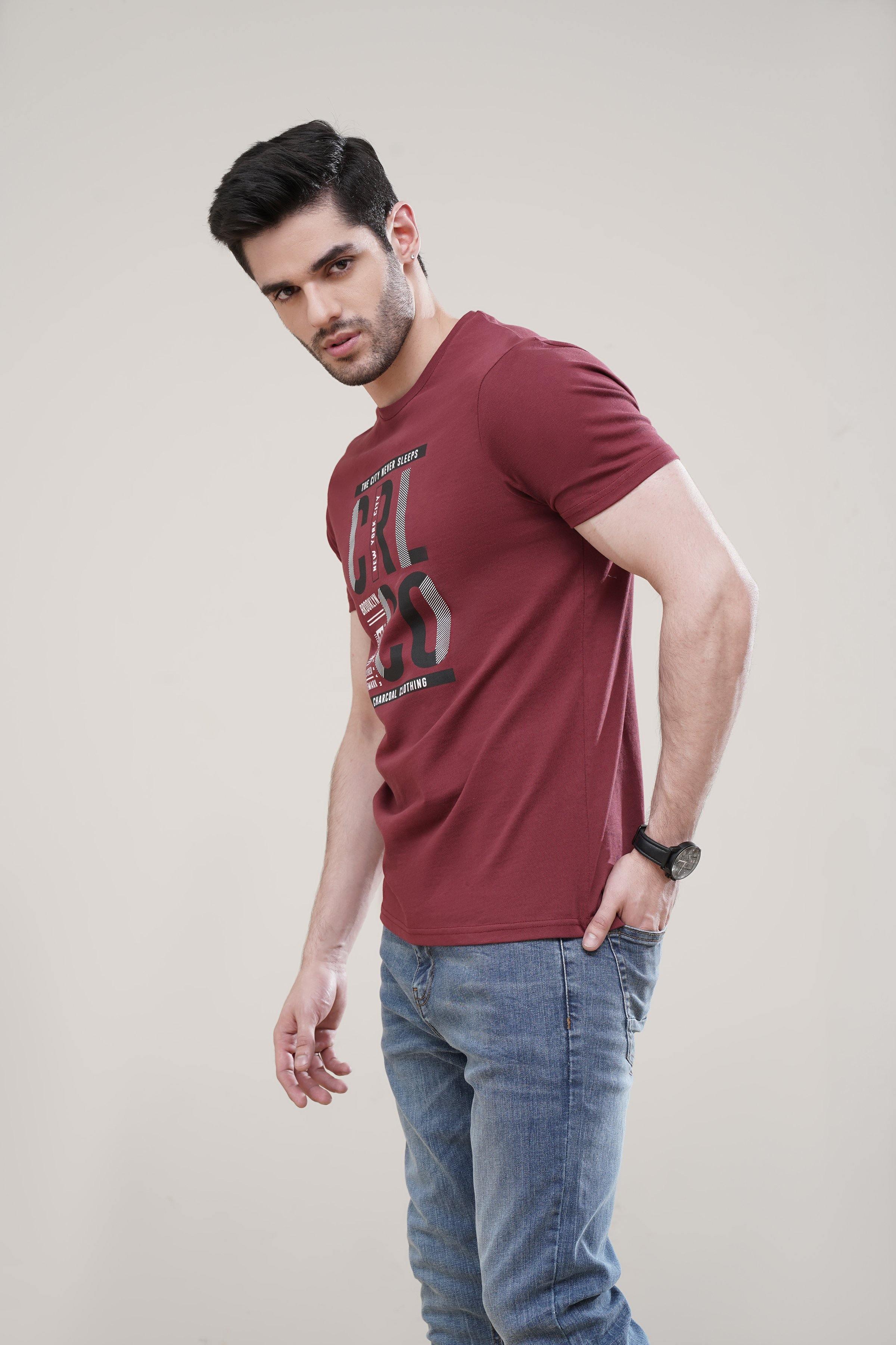 T SHIRT CREW NECK MAROON at Charcoal Clothing