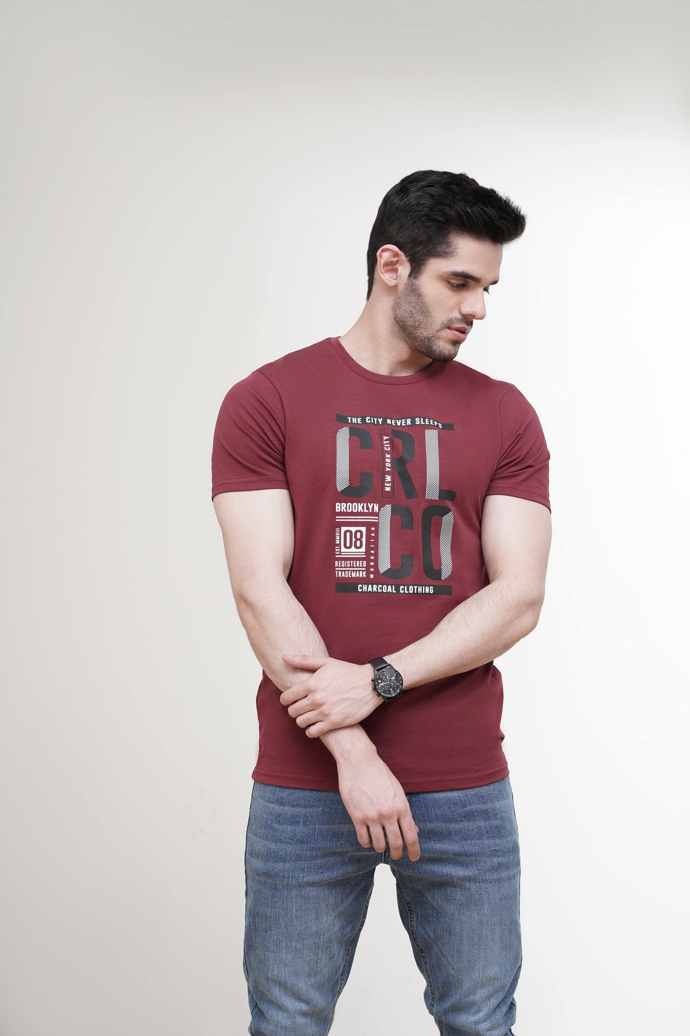 T SHIRT CREW NECK MAROON at Charcoal Clothing