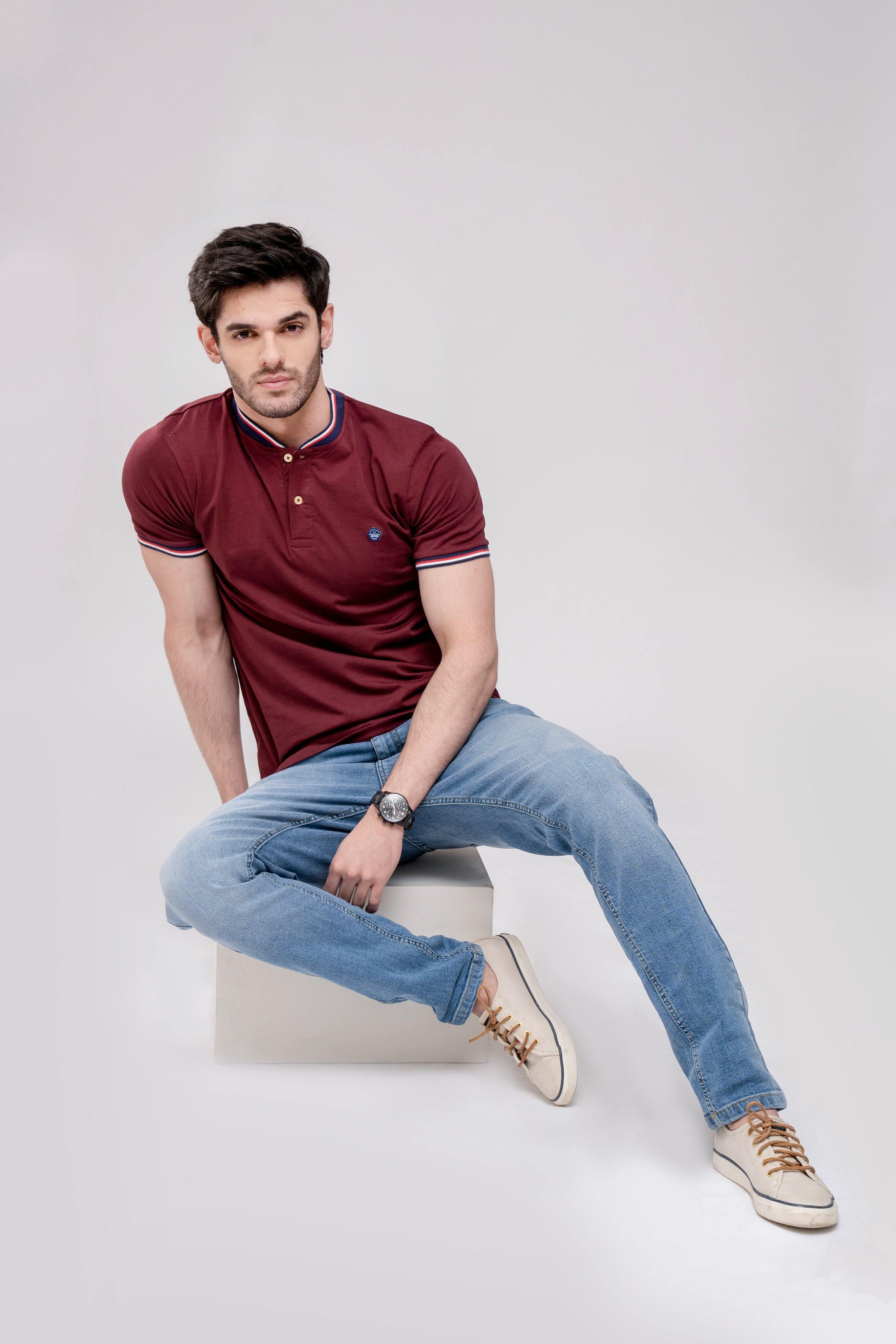 T SHIRT HENLEY TIPPING BAN MAROON at Charcoal Clothing