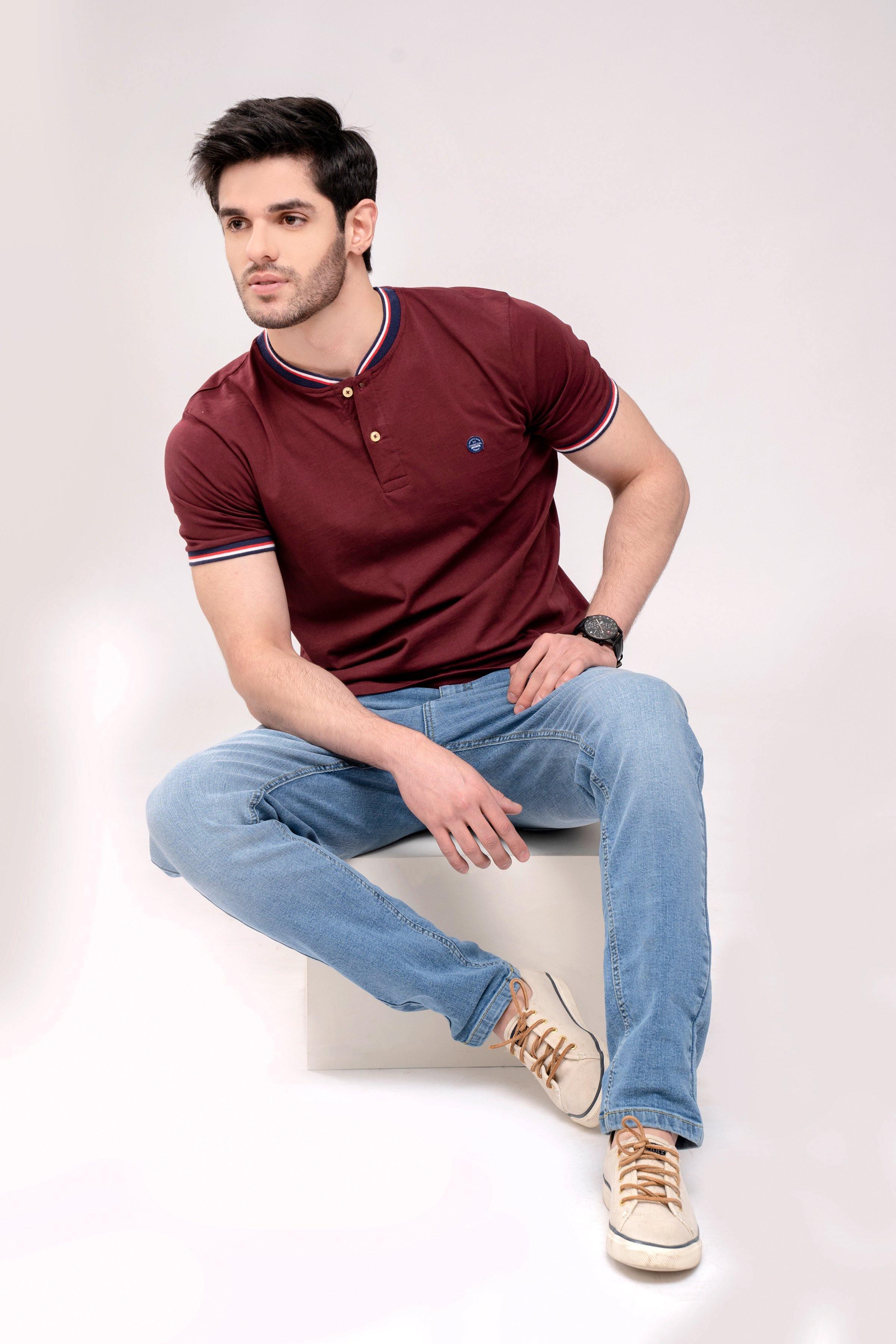 T SHIRT HENLEY TIPPING BAN MAROON at Charcoal Clothing