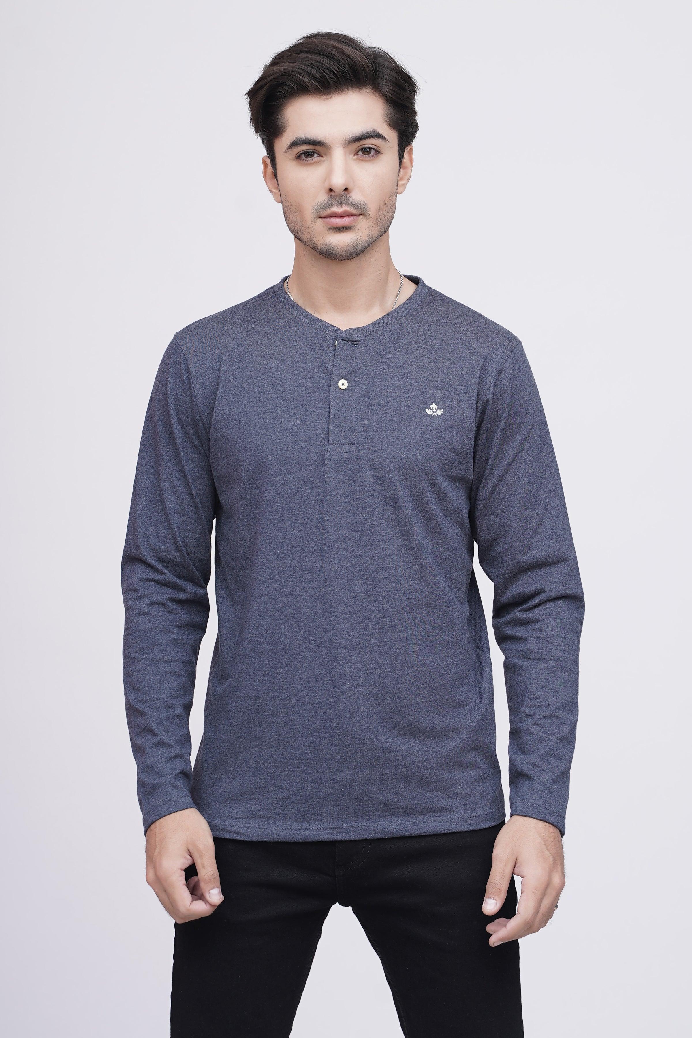T SHIRT HENLY F/S BLUE MAROON at Charcoal Clothing