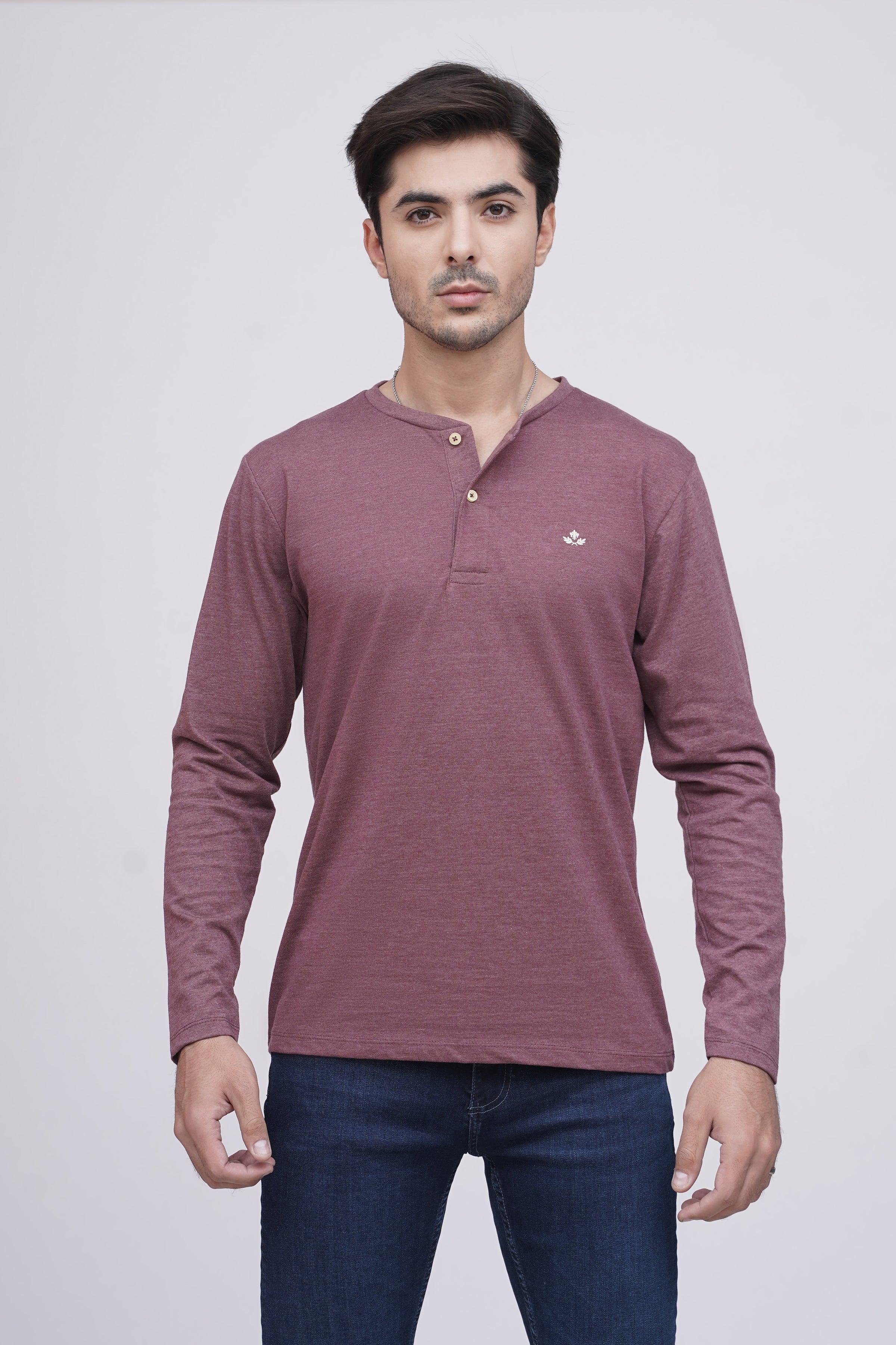 T SHIRT HENLY F/S MAROON MELANGE at Charcoal Clothing