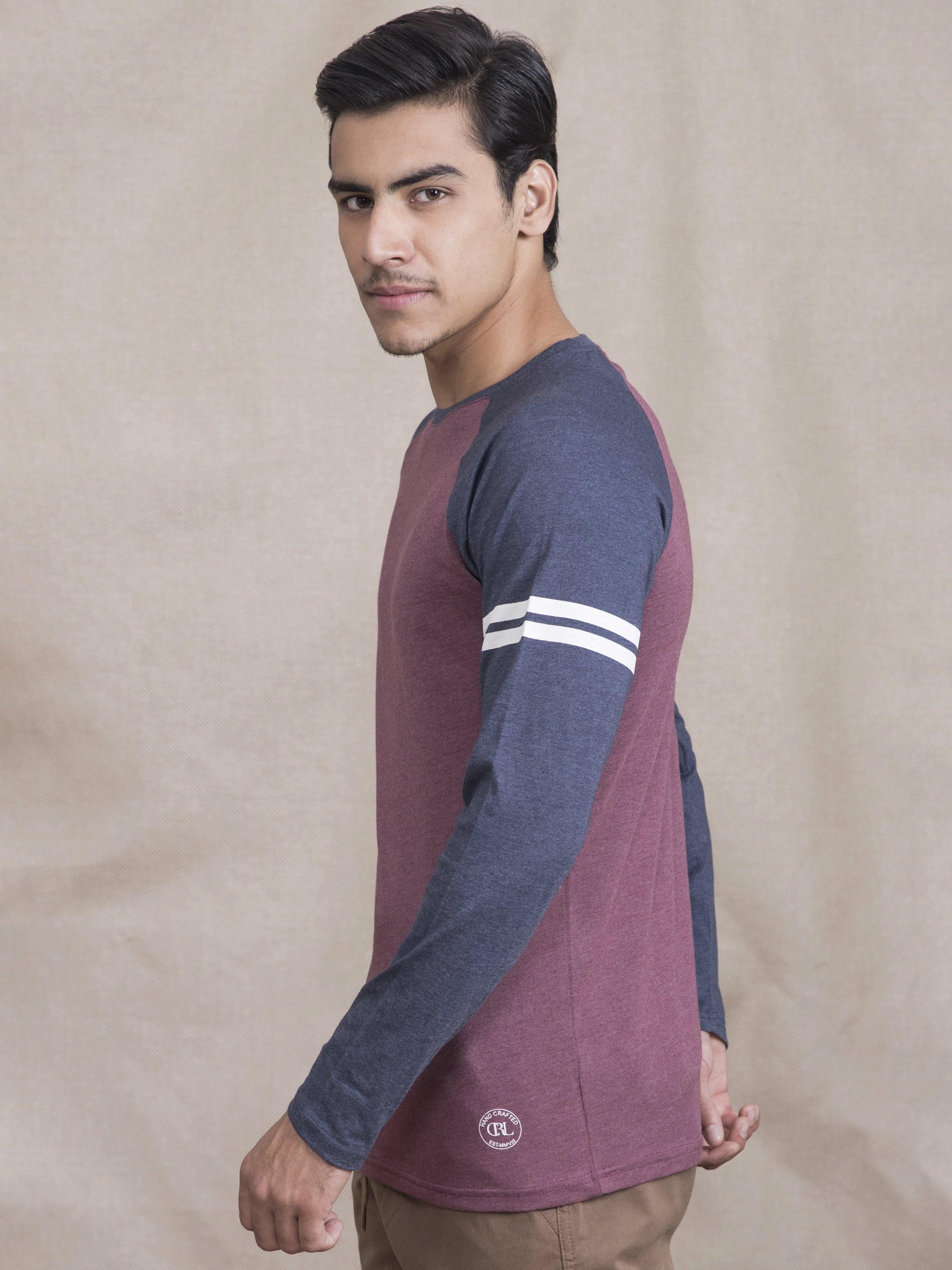 T SHIRT RAGLAN ROUND NECK FULL SLEEVE MAHROON NAVY at Charcoal Clothing