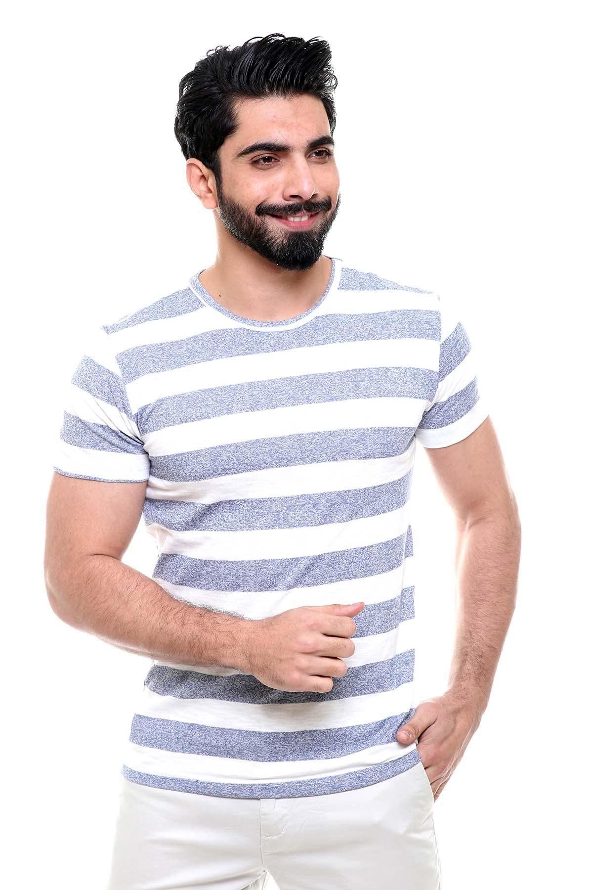 T SHIRT ROUND NECK BLUE WHITE LINE at Charcoal Clothing