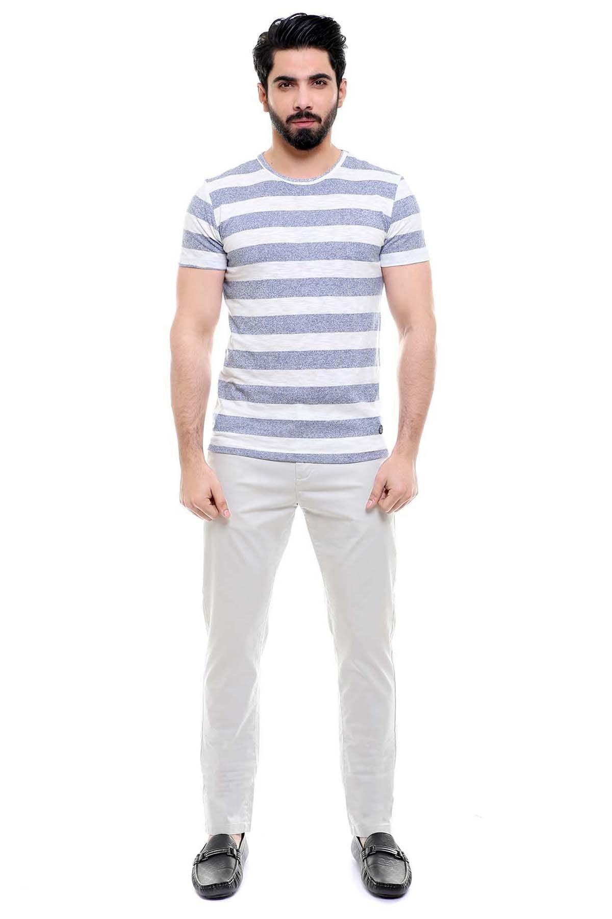T SHIRT ROUND NECK BLUE WHITE LINE at Charcoal Clothing