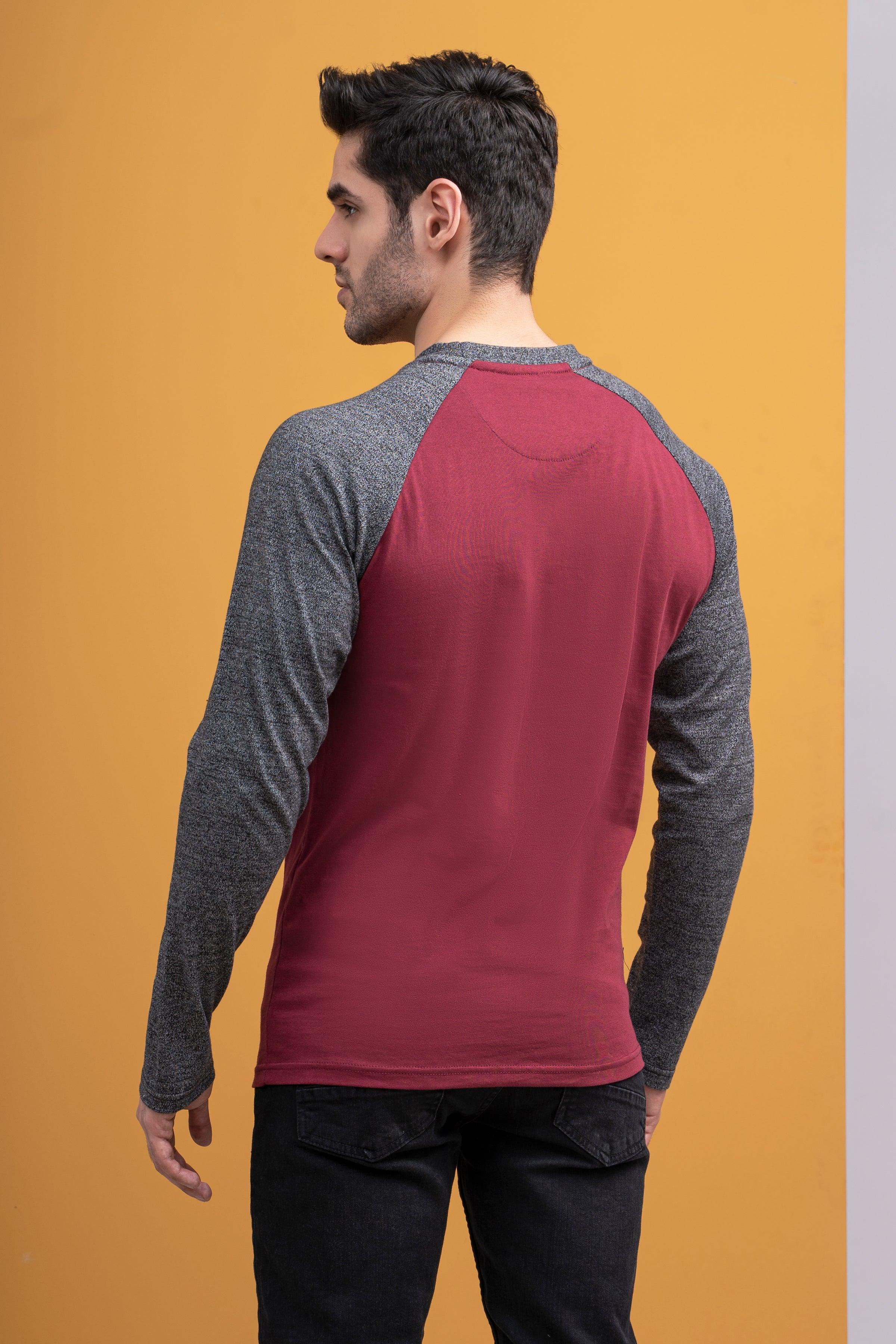 T SHIRT ROUND NECK FULL SLEEVE MAROON GREY at Charcoal Clothing