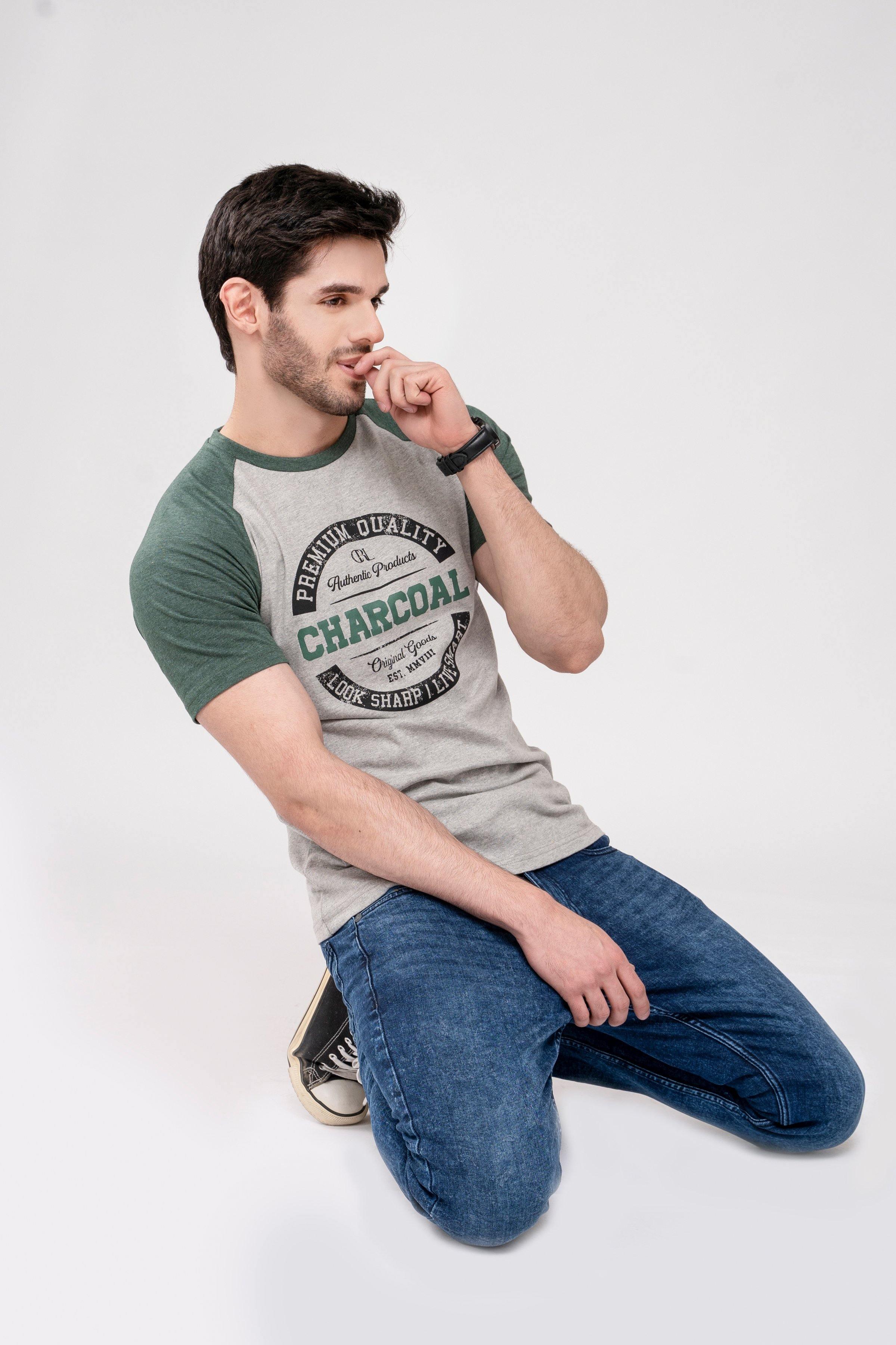 T SHIRT ROUND NECK GREY GREEN at Charcoal Clothing