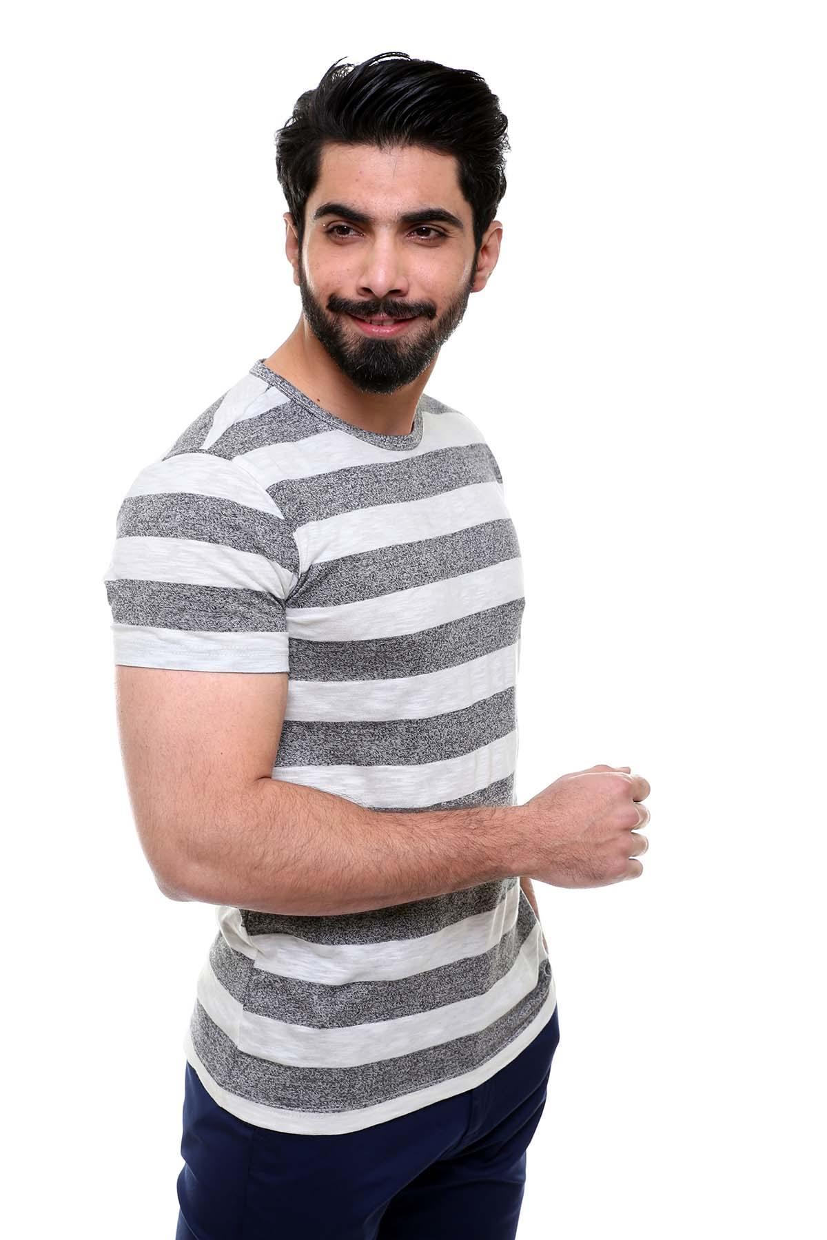 T SHIRT ROUND NECK GREY WHITE LINE at Charcoal Clothing