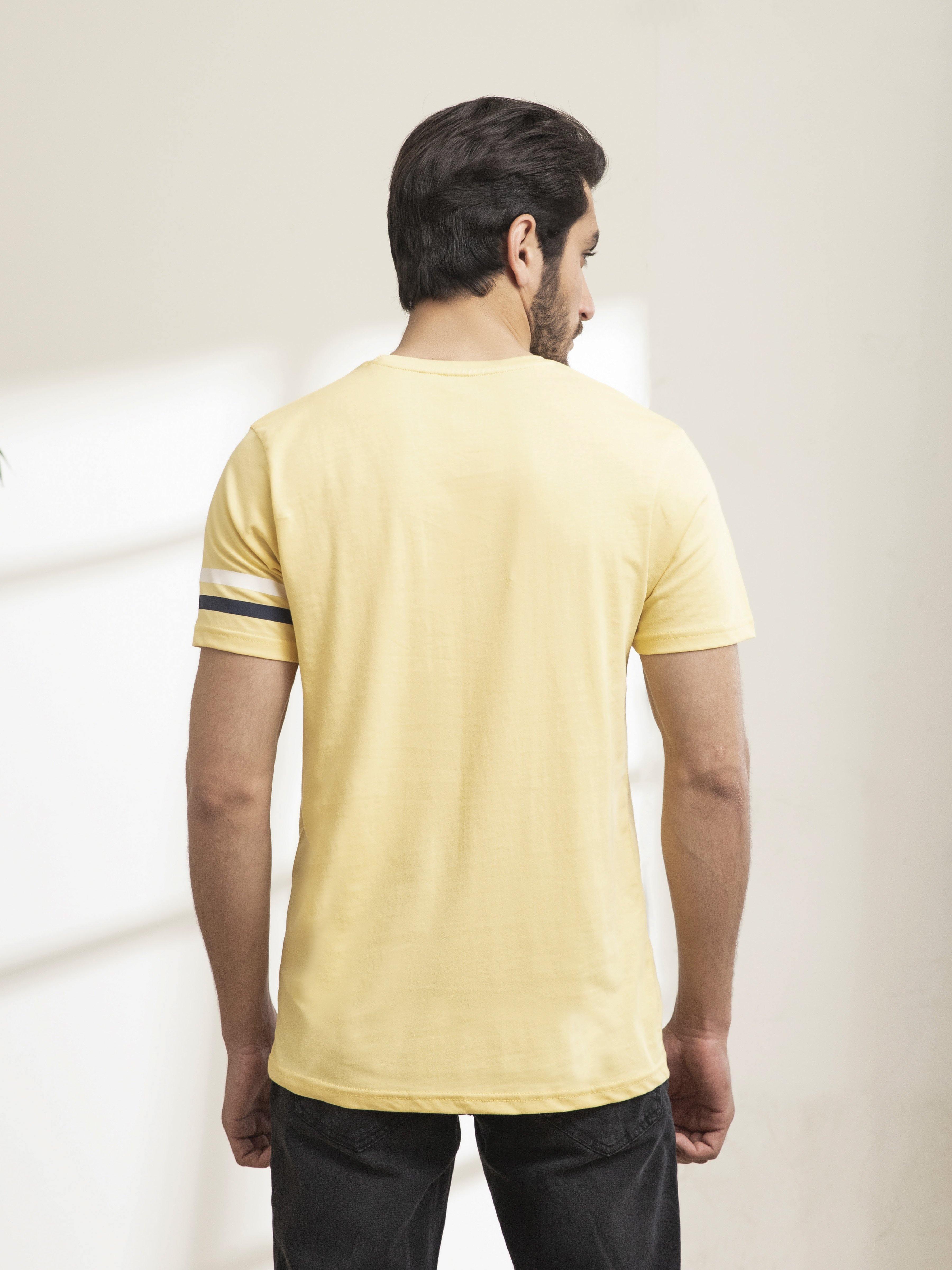 T SHIRT ROUND NECK STRIPES MUSTARD at Charcoal Clothing