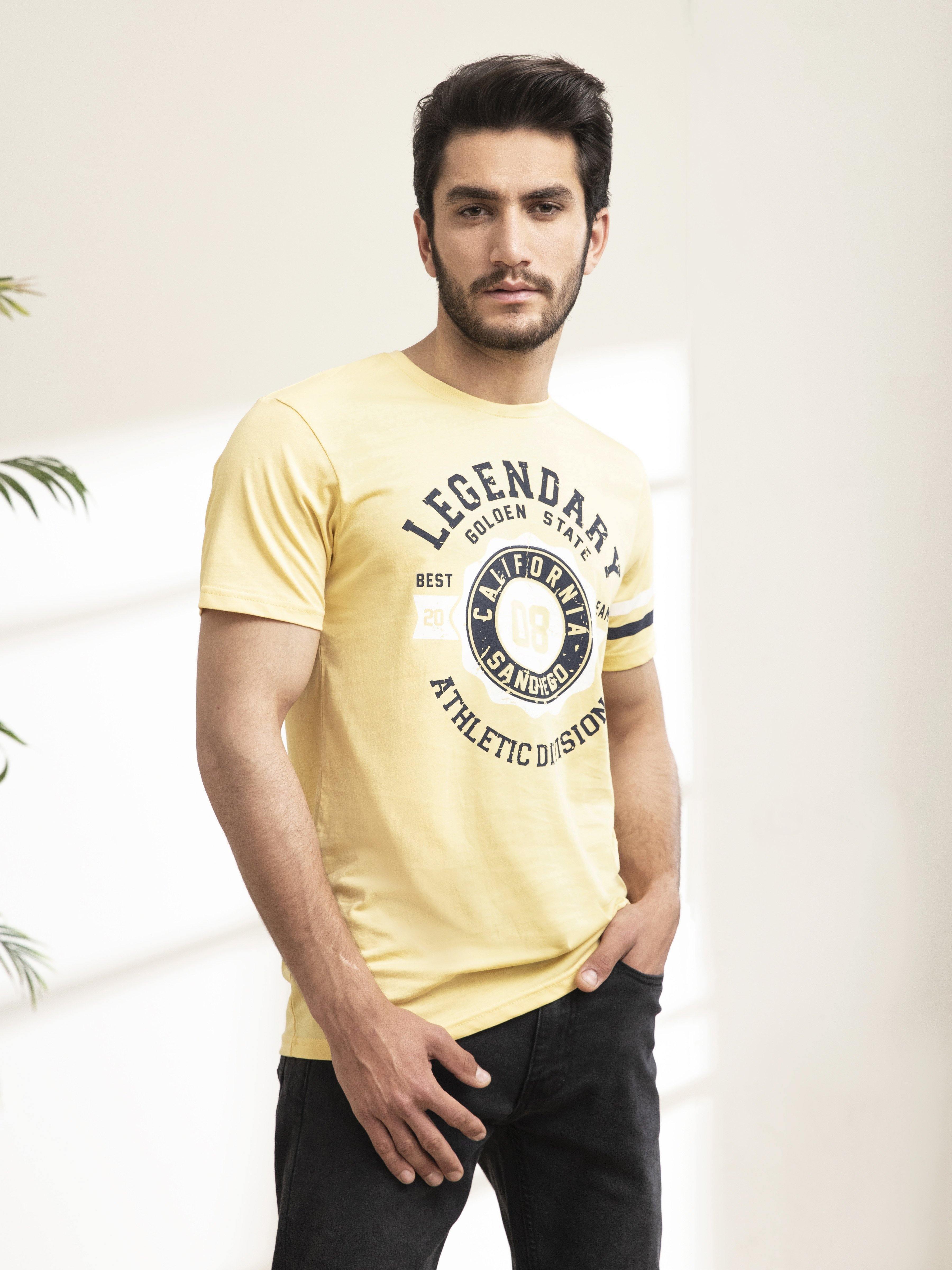 T SHIRT ROUND NECK STRIPES MUSTARD at Charcoal Clothing